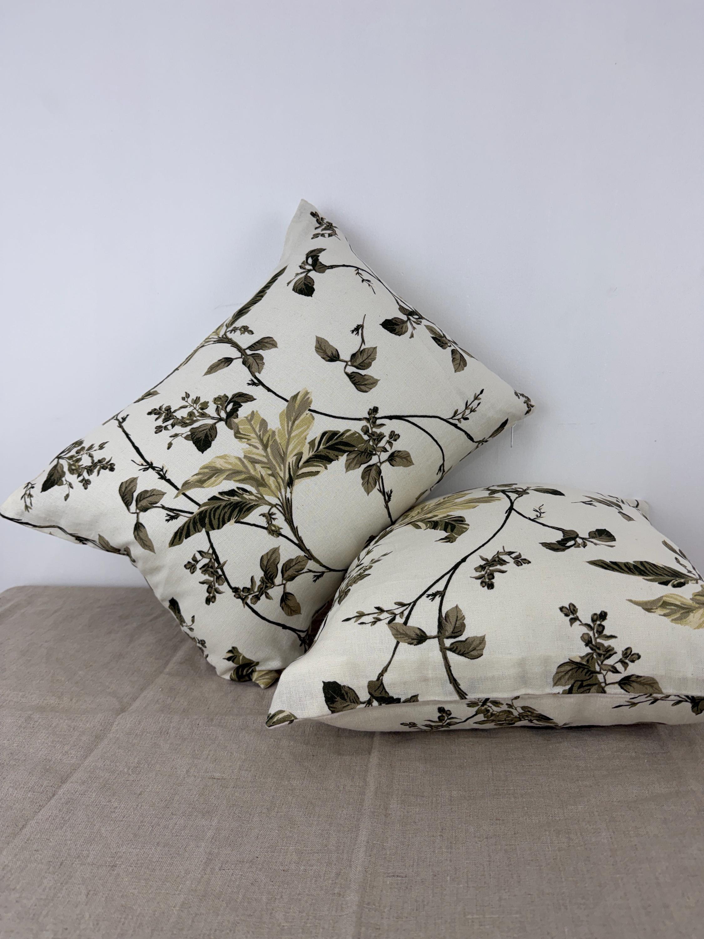Botanical Linen Throw Pillow Cover | Floral Neutral Cushion | Cream & Olive Green Decorative Pillow