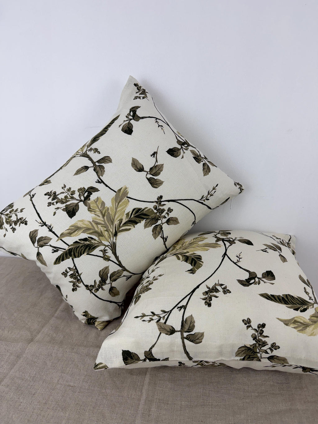 Botanical Linen Throw Pillow Cover | Floral Neutral Cushion | Cream & Olive Green Decorative Pillow