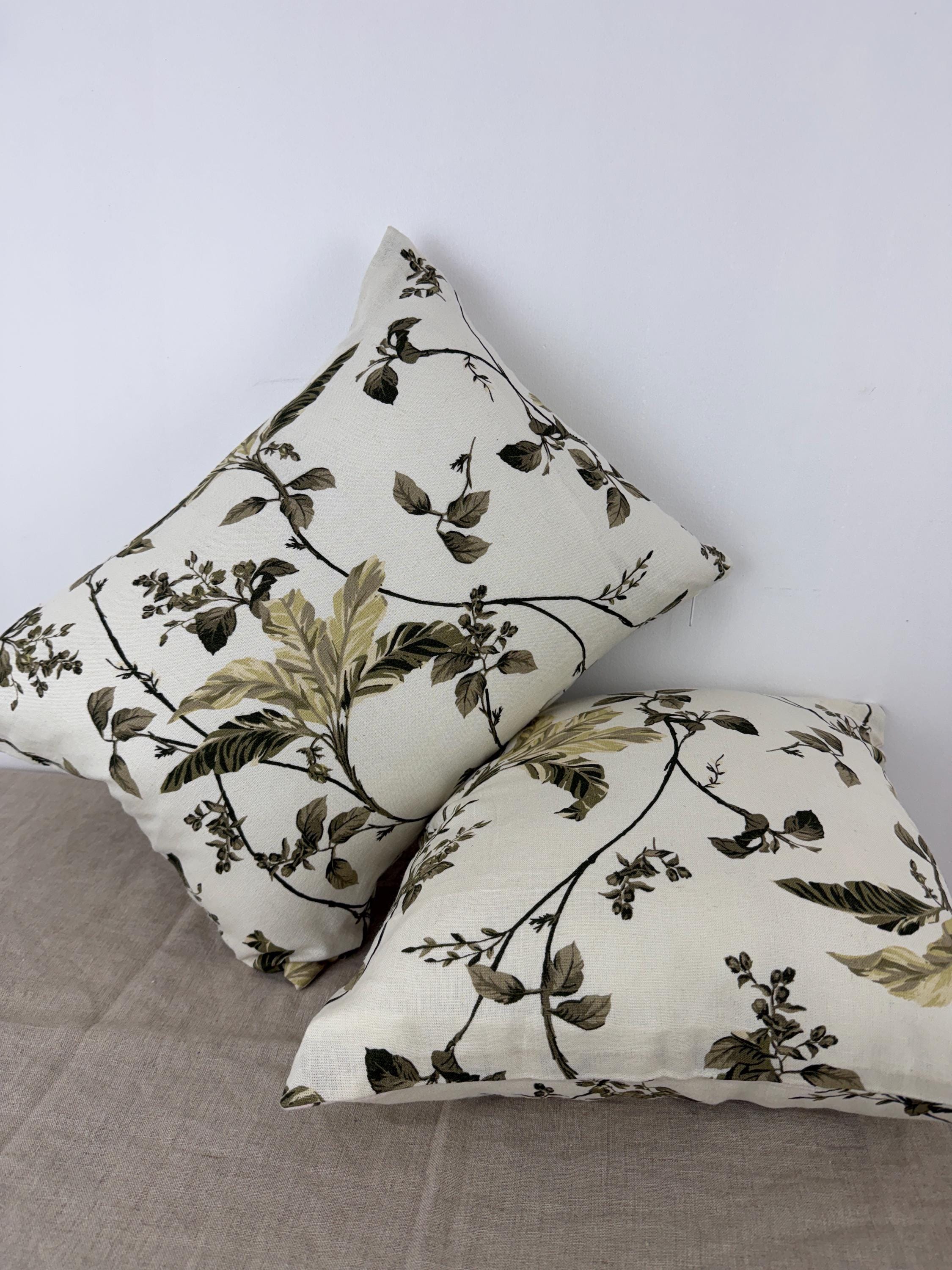Botanical Linen Throw Pillow Cover | Floral Neutral Cushion | Cream & Olive Green Decorative Pillow