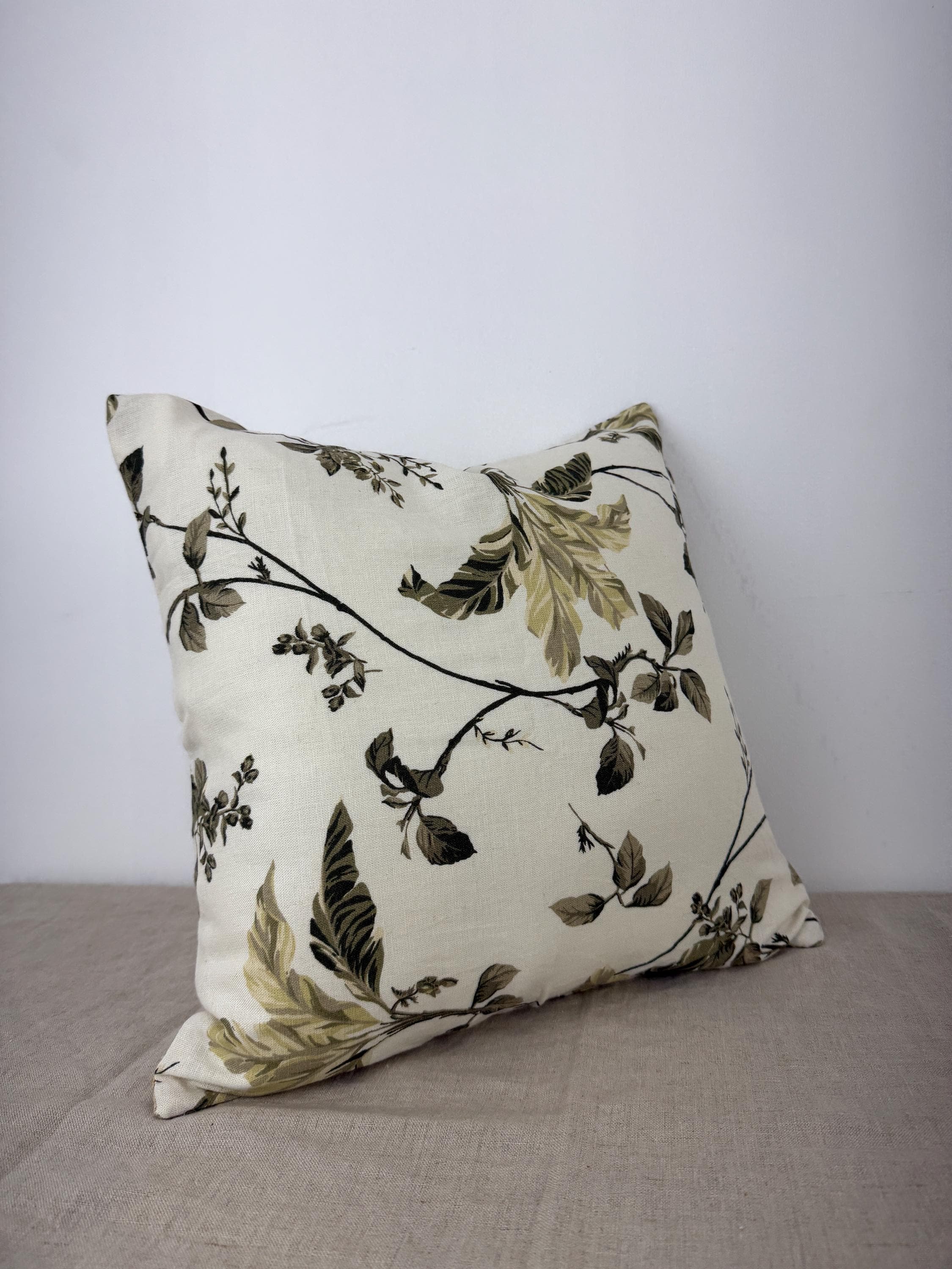 Botanical Linen Throw Pillow Cover | Floral Neutral Cushion | Cream & Olive Green Decorative Pillow