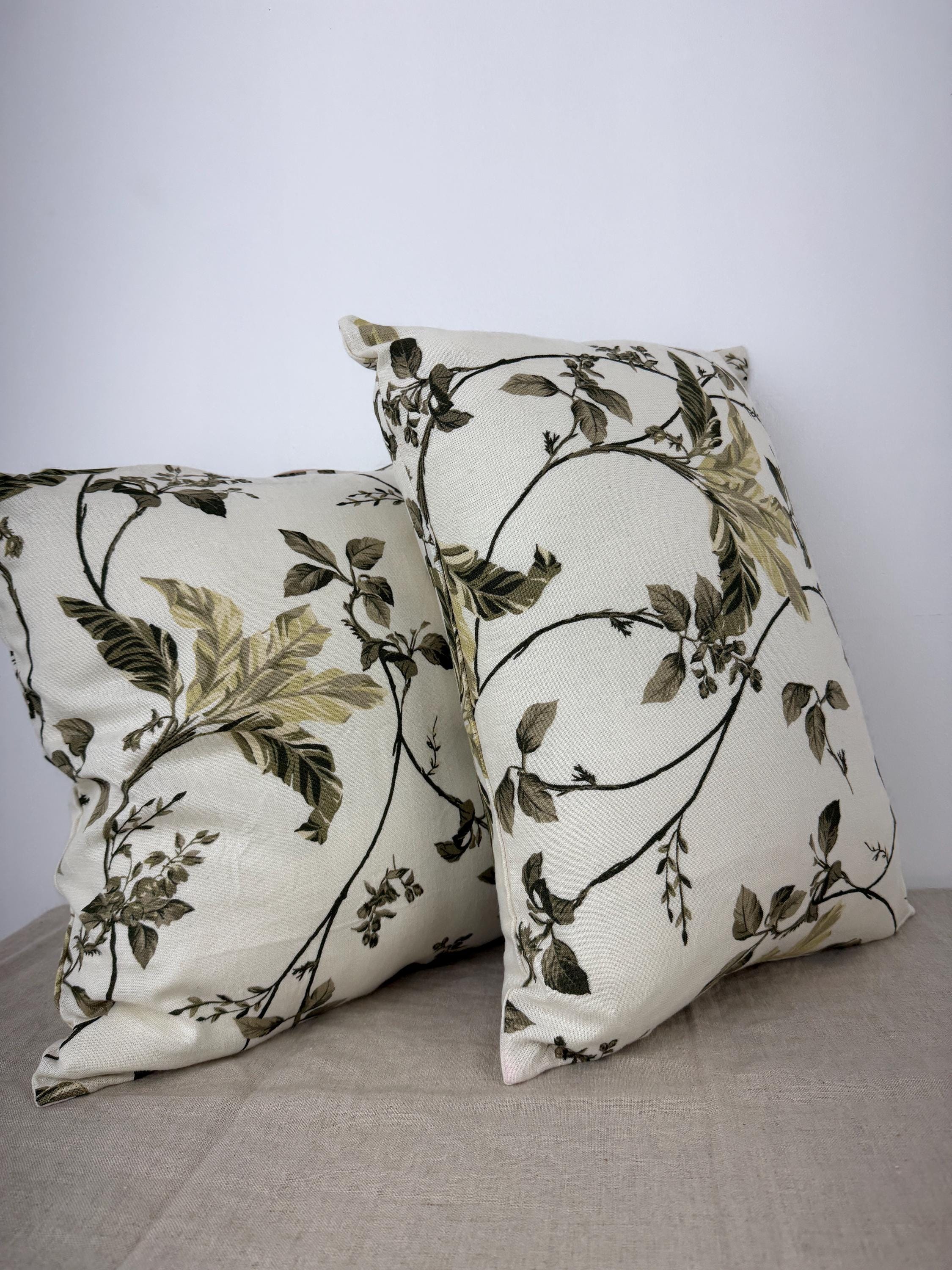 Botanical Linen Throw Pillow Cover | Floral Neutral Cushion | Cream & Olive Green Decorative Pillow