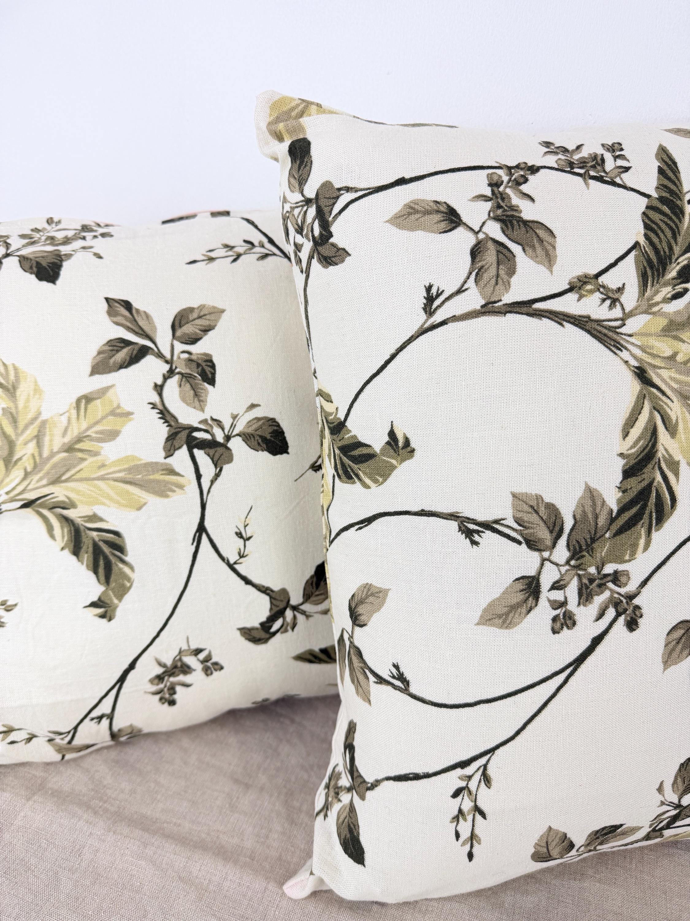 Botanical Linen Throw Pillow Cover | Floral Neutral Cushion | Cream & Olive Green Decorative Pillow