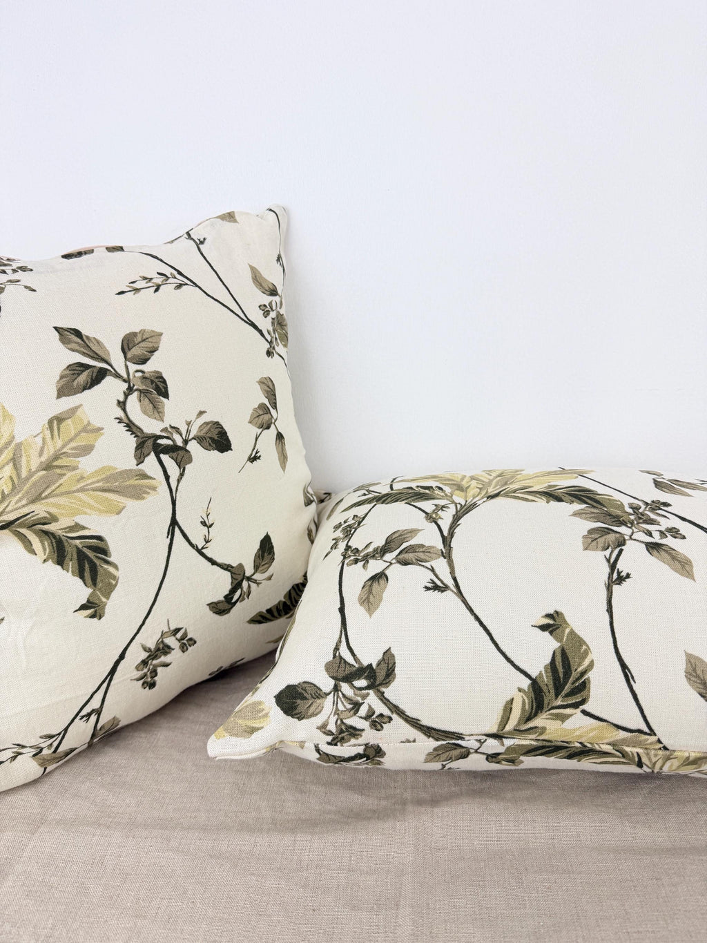 Botanical Linen Throw Pillow Cover | Floral Neutral Cushion | Cream & Olive Green Decorative Pillow
