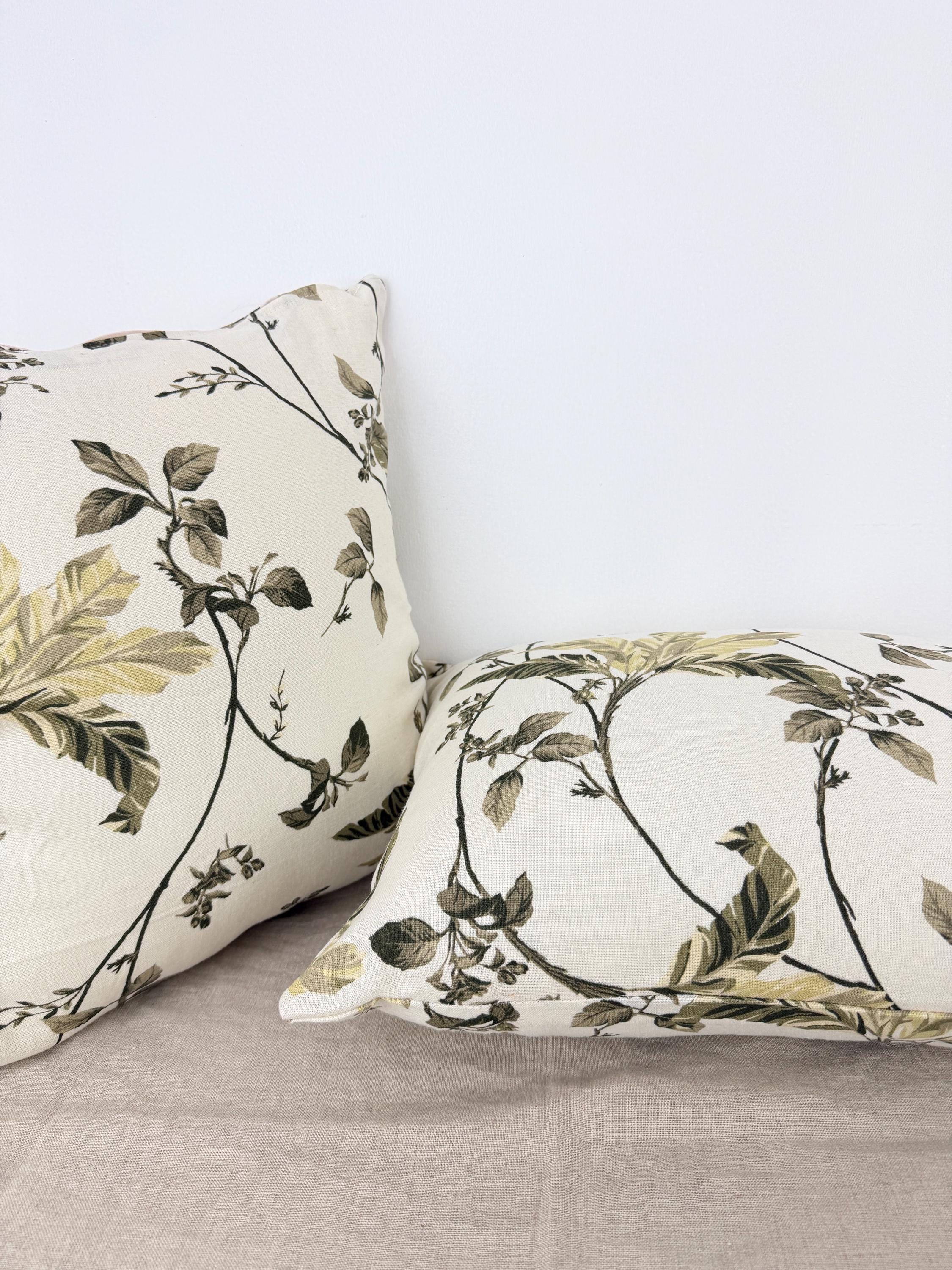 Botanical Linen Throw Pillow Cover | Floral Neutral Cushion | Cream & Olive Green Decorative Pillow