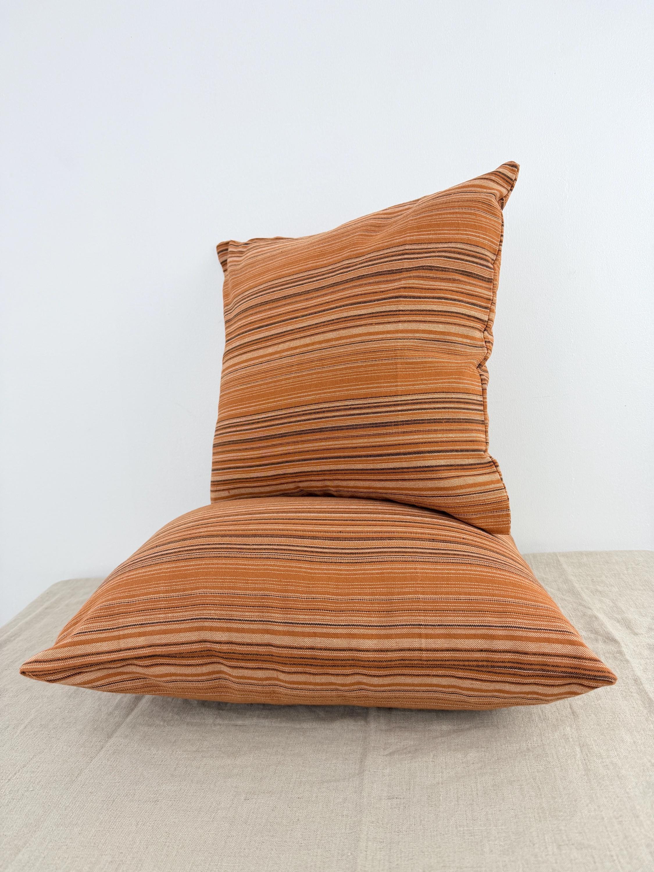 Striped Cotton Pillow Cover — Warm Rust & Neutral Accent Cushion, Minimal Boho Decor