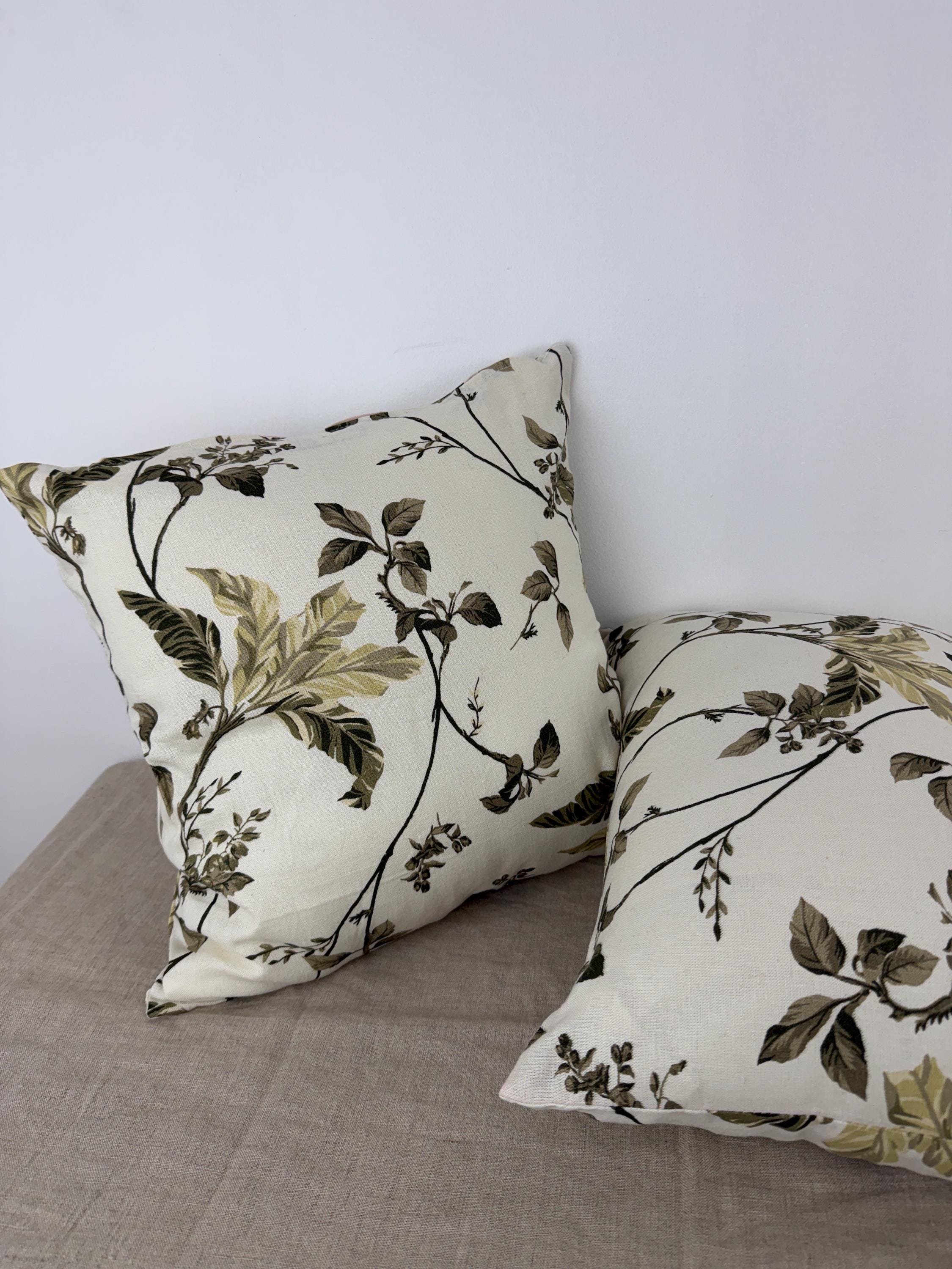 Botanical Linen Throw Pillow Cover | Floral Neutral Cushion | Cream & Olive Green Decorative Pillow