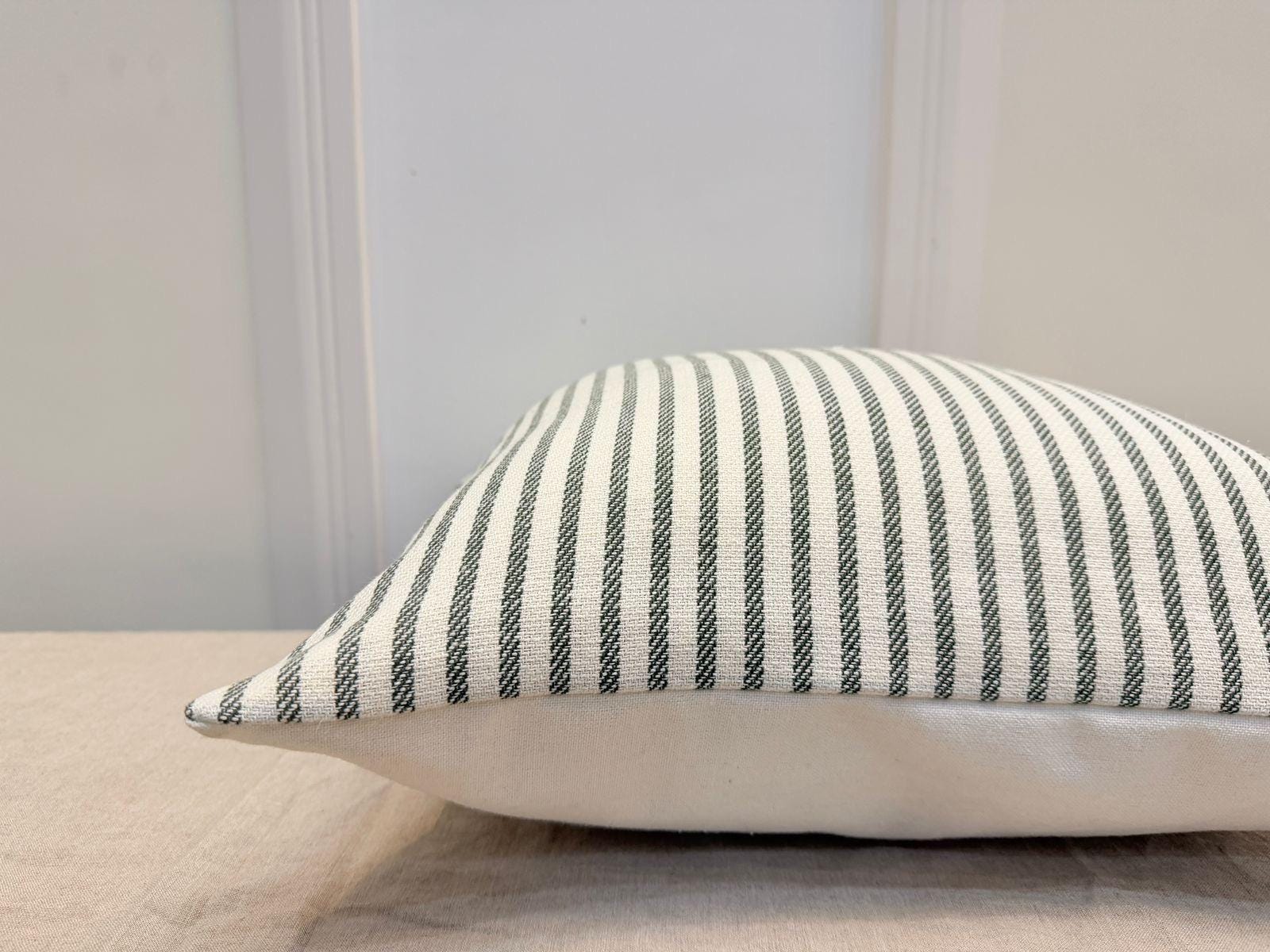 Green & White Striped Cotton Pillow Cover -  Minimal Farmhouse Accent Cushion