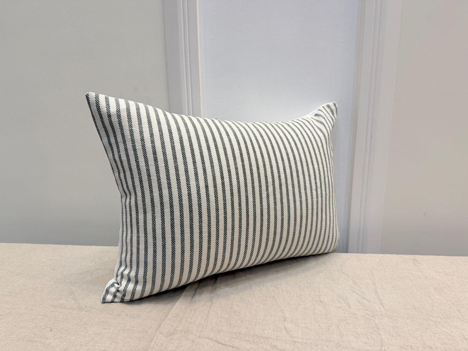 Green Stripe Lumbar Pillow Cover — Farmhouse Cotton Accent Cushion, Minimal Neutral Decorative Pillow