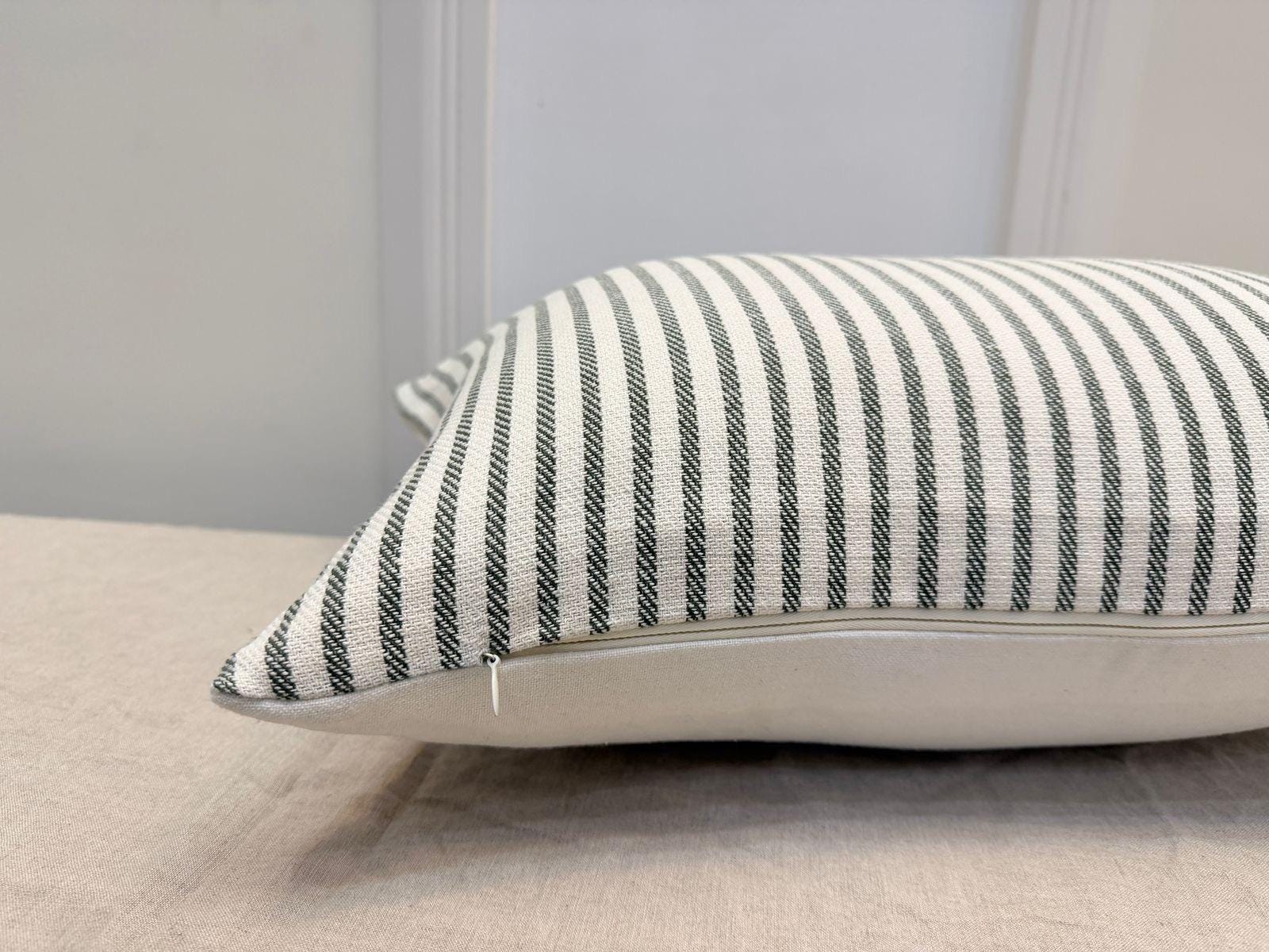 Green Stripe Lumbar Pillow Cover — Farmhouse Cotton Accent Cushion, Minimal Neutral Decorative Pillow