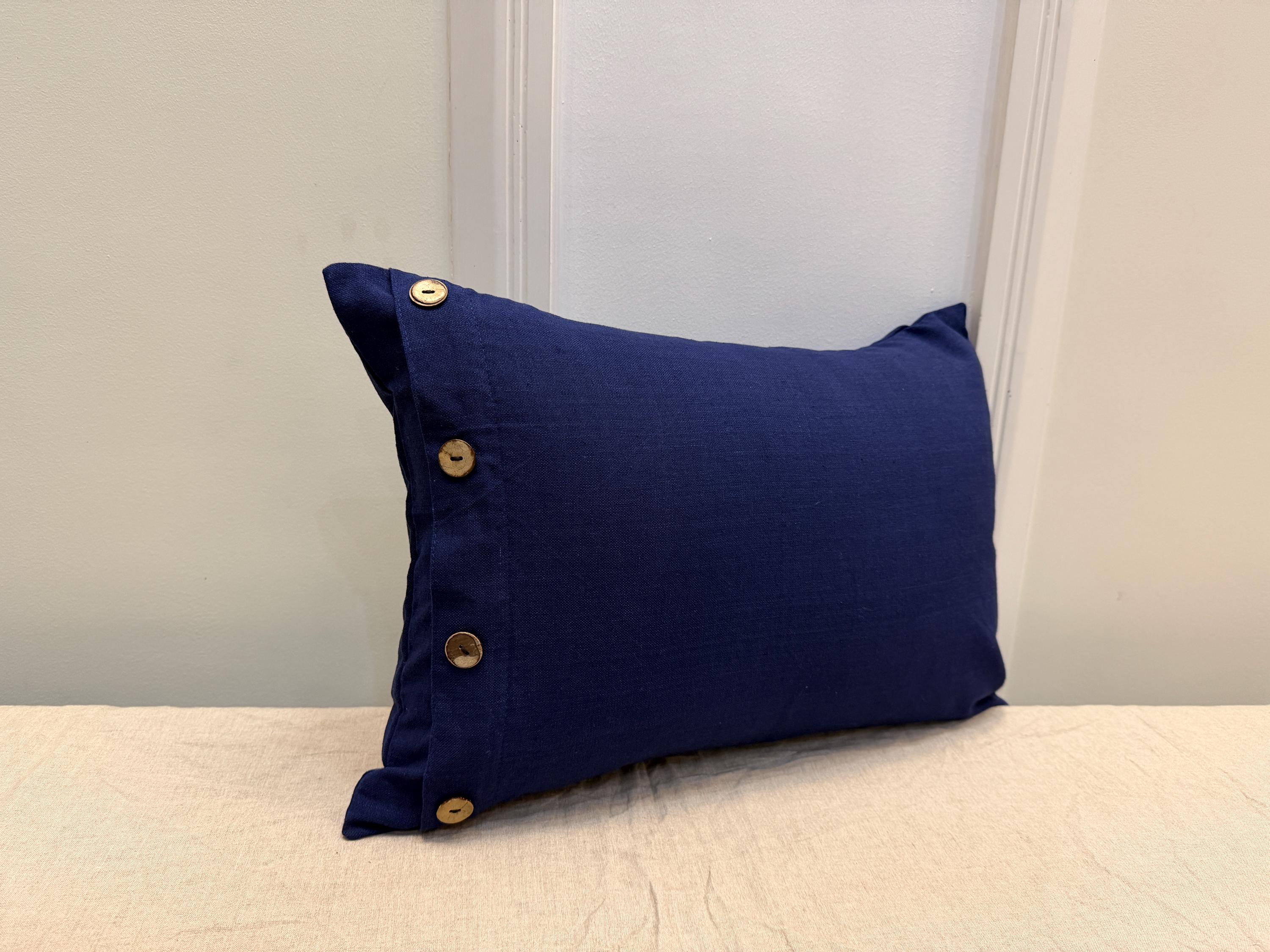 Navy Blue Linen Throw Pillow Cover with Wooden Buttons | Decorative Cushion