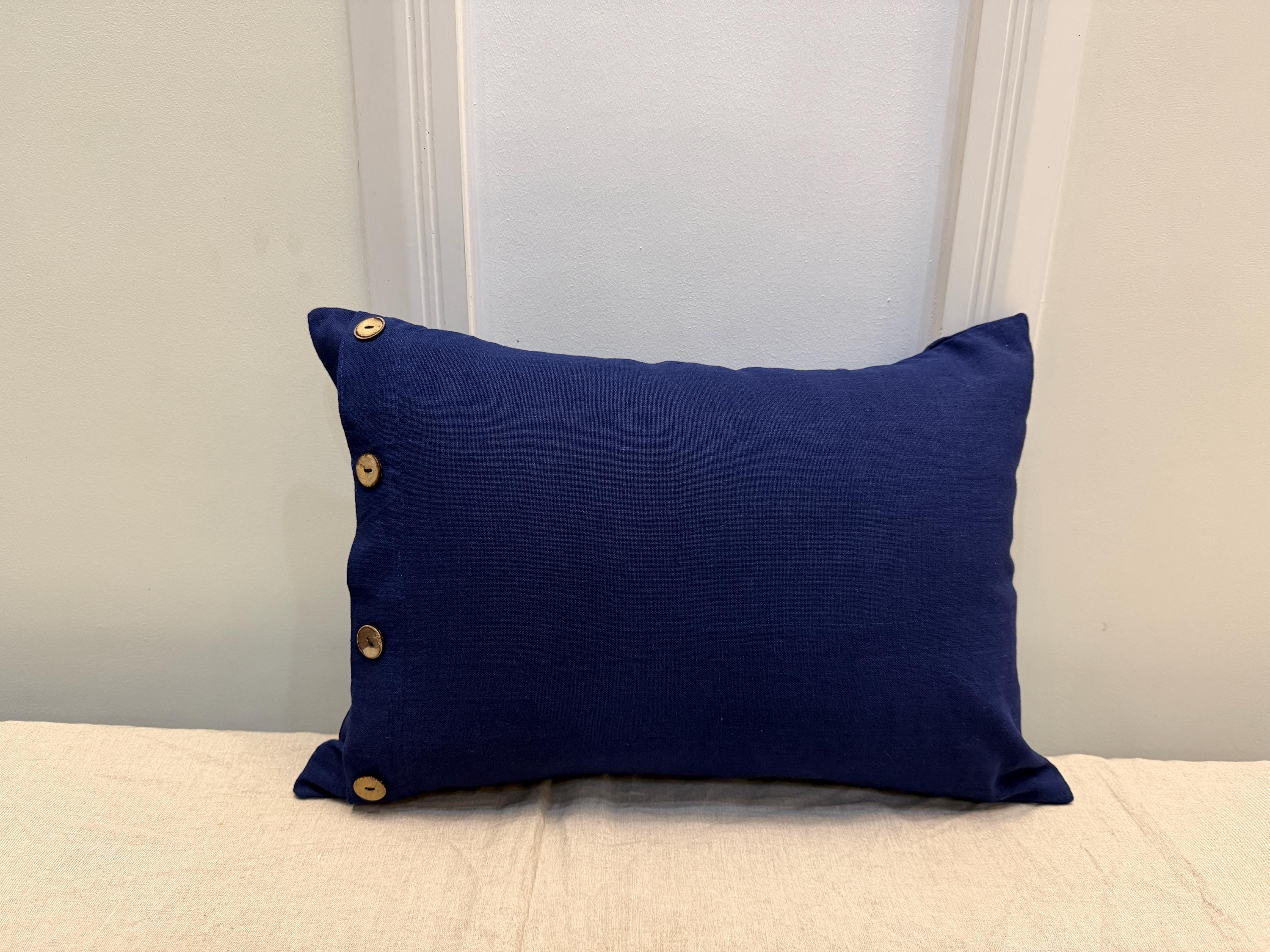 Navy Blue Linen Throw Pillow Cover with Wooden Buttons | Decorative Cushion