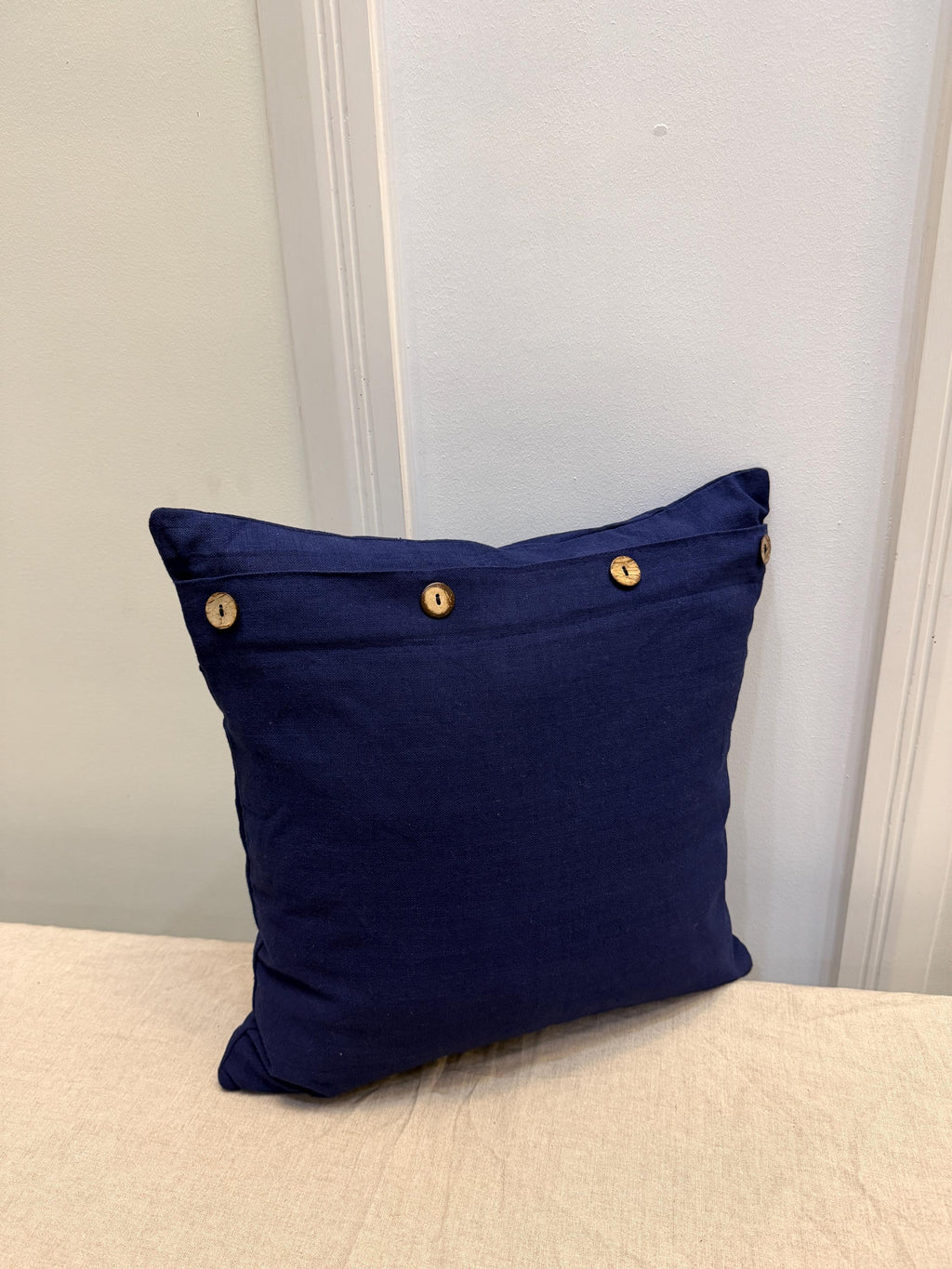 Navy Blue Linen Throw Pillow Cover with Wooden Buttons | Decorative Cushion