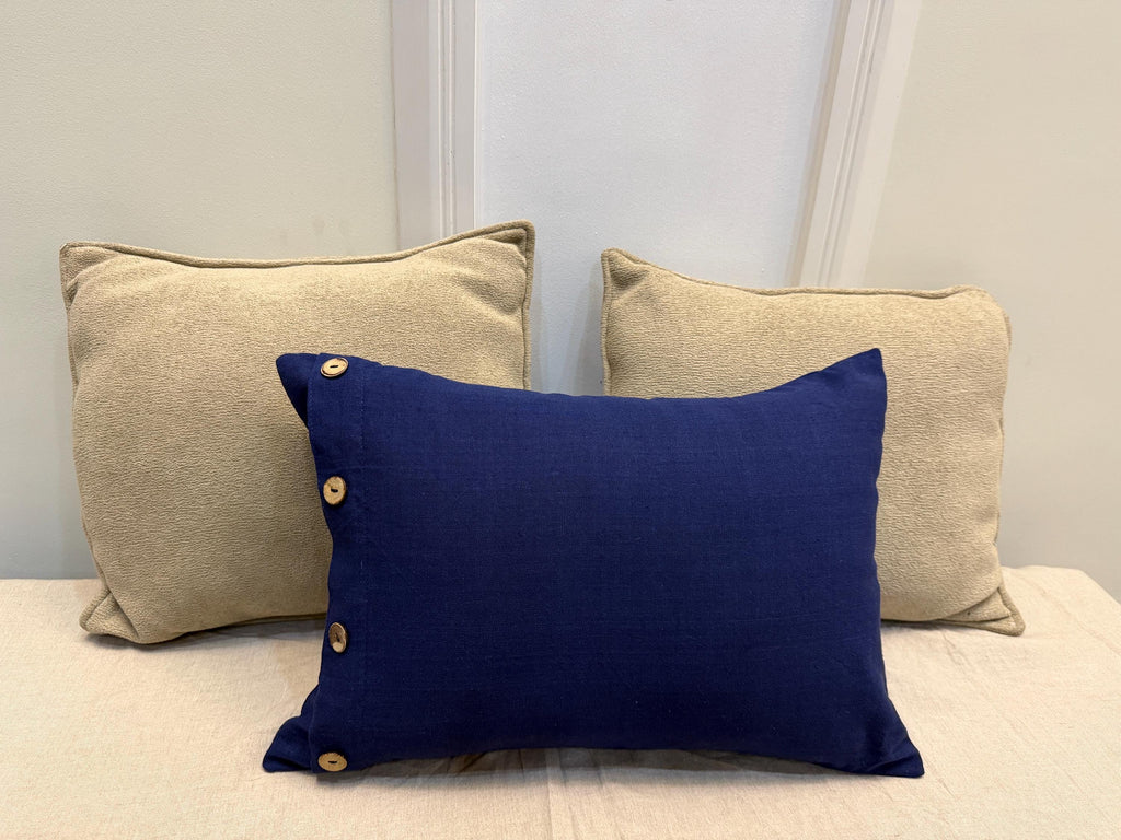 Navy Blue Linen Throw Pillow Cover with Wooden Buttons | Decorative Cushion
