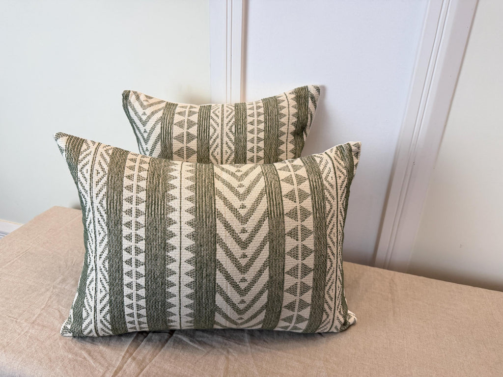 Green Geometric Woven Pillow Cover – Boho Farmhouse Cushion, 16x16