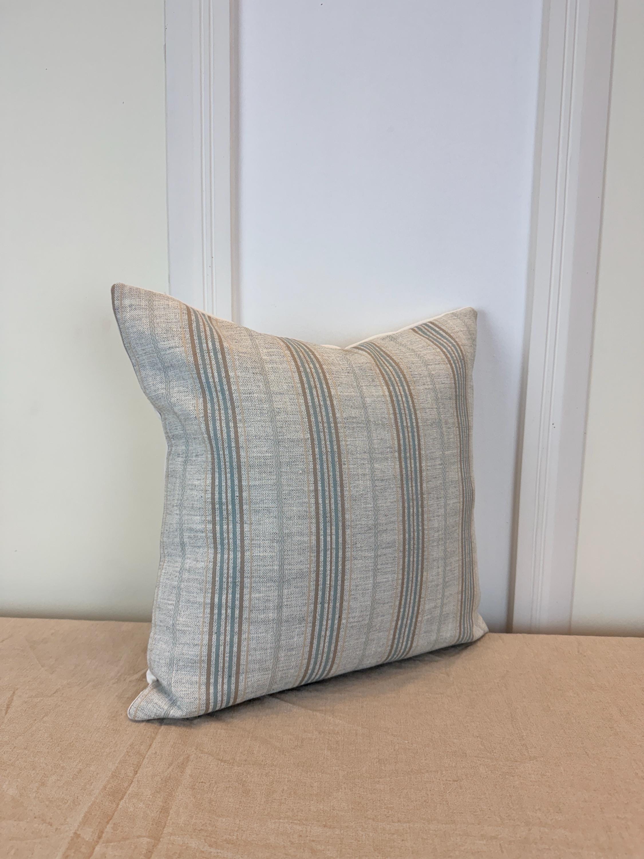 Beige and Soft Blue Striped Pillow Cover – Modern Farmhouse Cushion