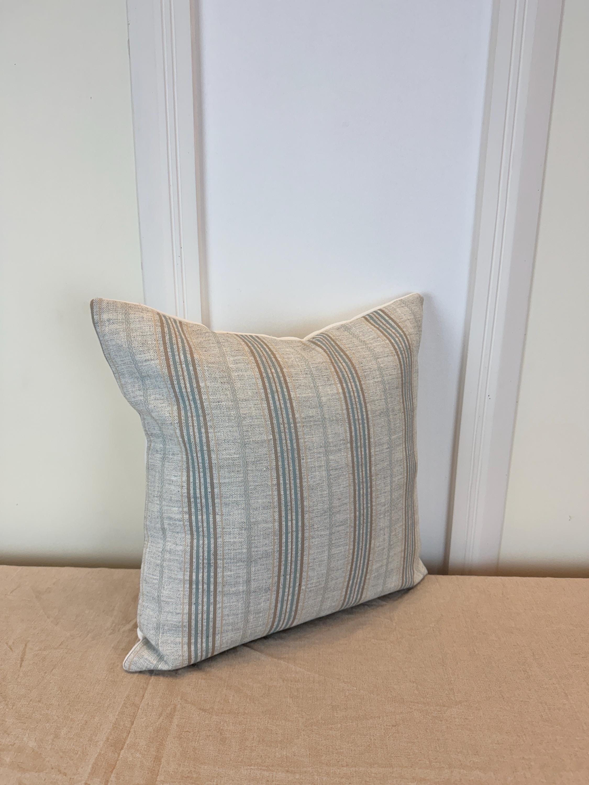 Beige and Soft Blue Striped Pillow Cover – Modern Farmhouse Cushion