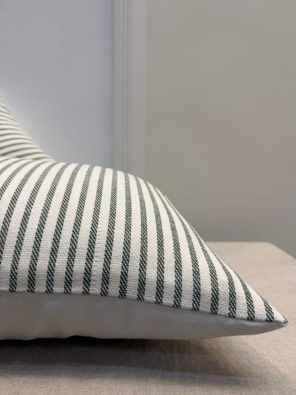 Green Stripe Lumbar Pillow Cover — Farmhouse Cotton Accent Cushion, Minimal Neutral Decorative Pillow