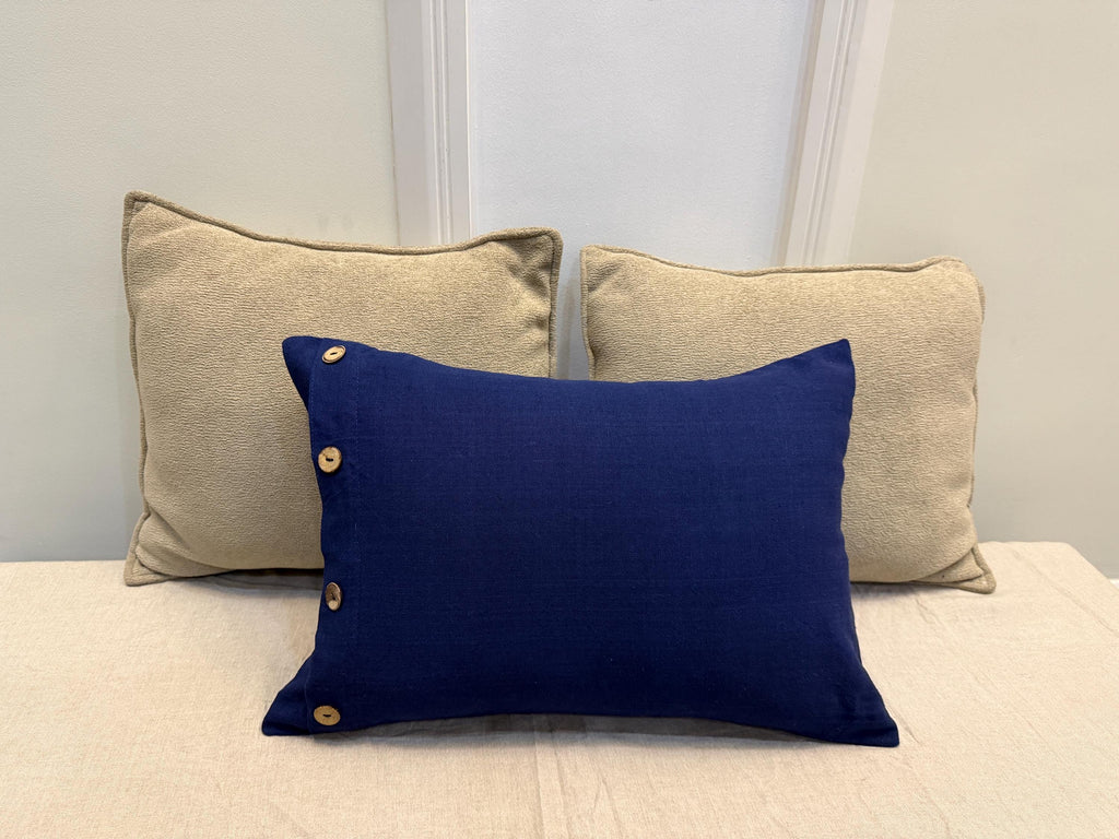 Navy Blue Linen Throw Pillow Cover with Wooden Buttons | Decorative Cushion