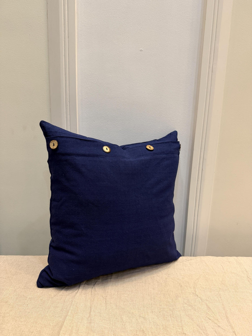 Navy Blue Linen Throw Pillow Cover with Wooden Buttons | Decorative Cushion