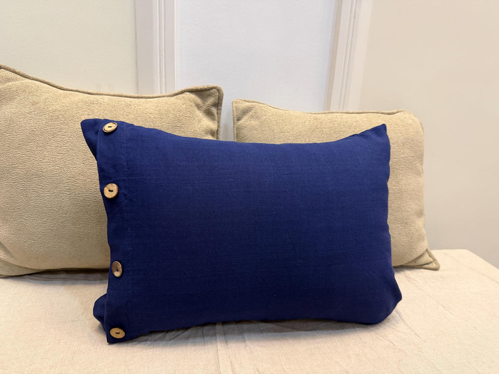 Navy Blue Linen Throw Pillow Cover with Wooden Buttons | Decorative Cushion