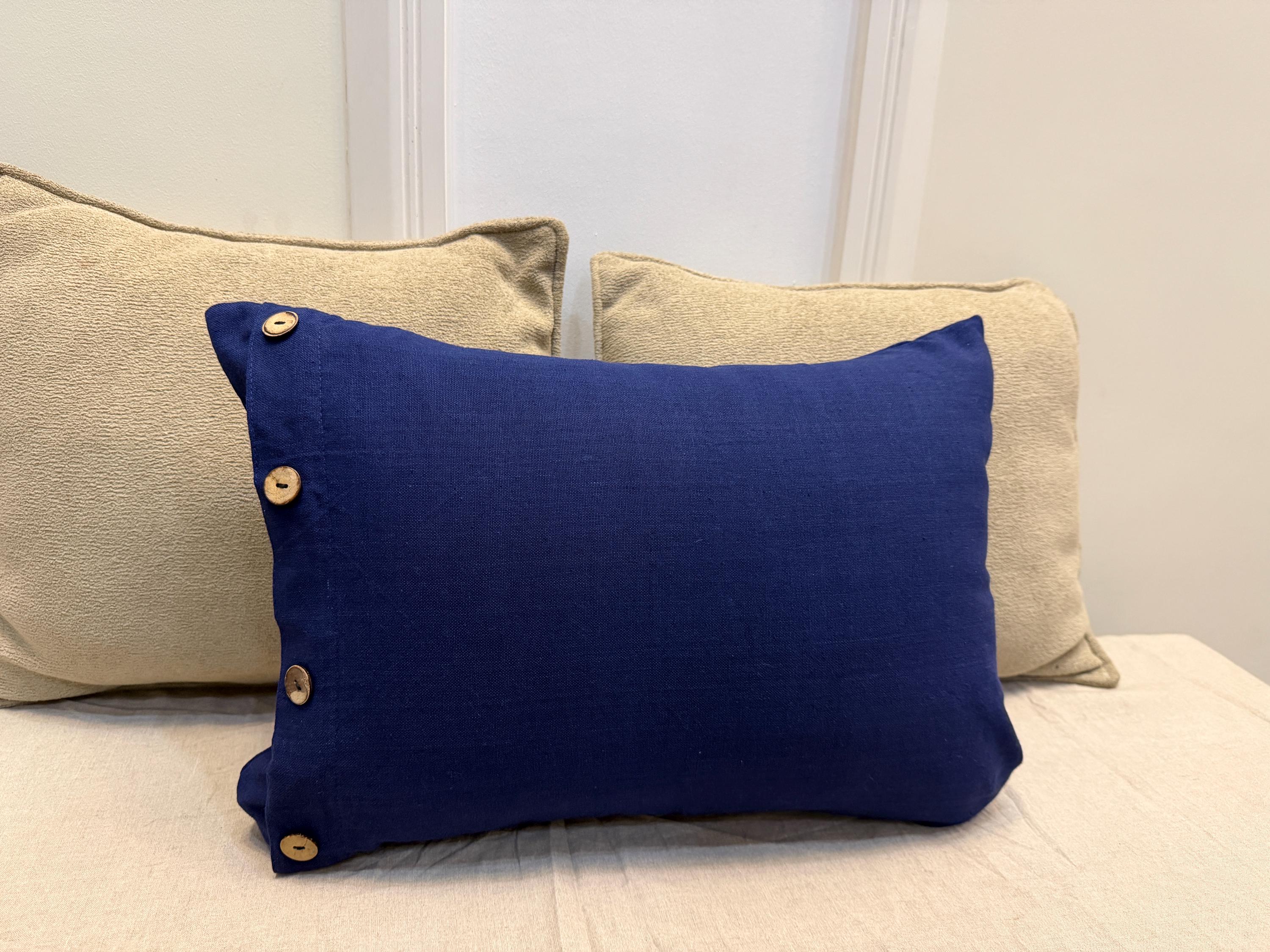 Navy Blue Linen Throw Pillow Cover with Wooden Buttons | Decorative Cushion