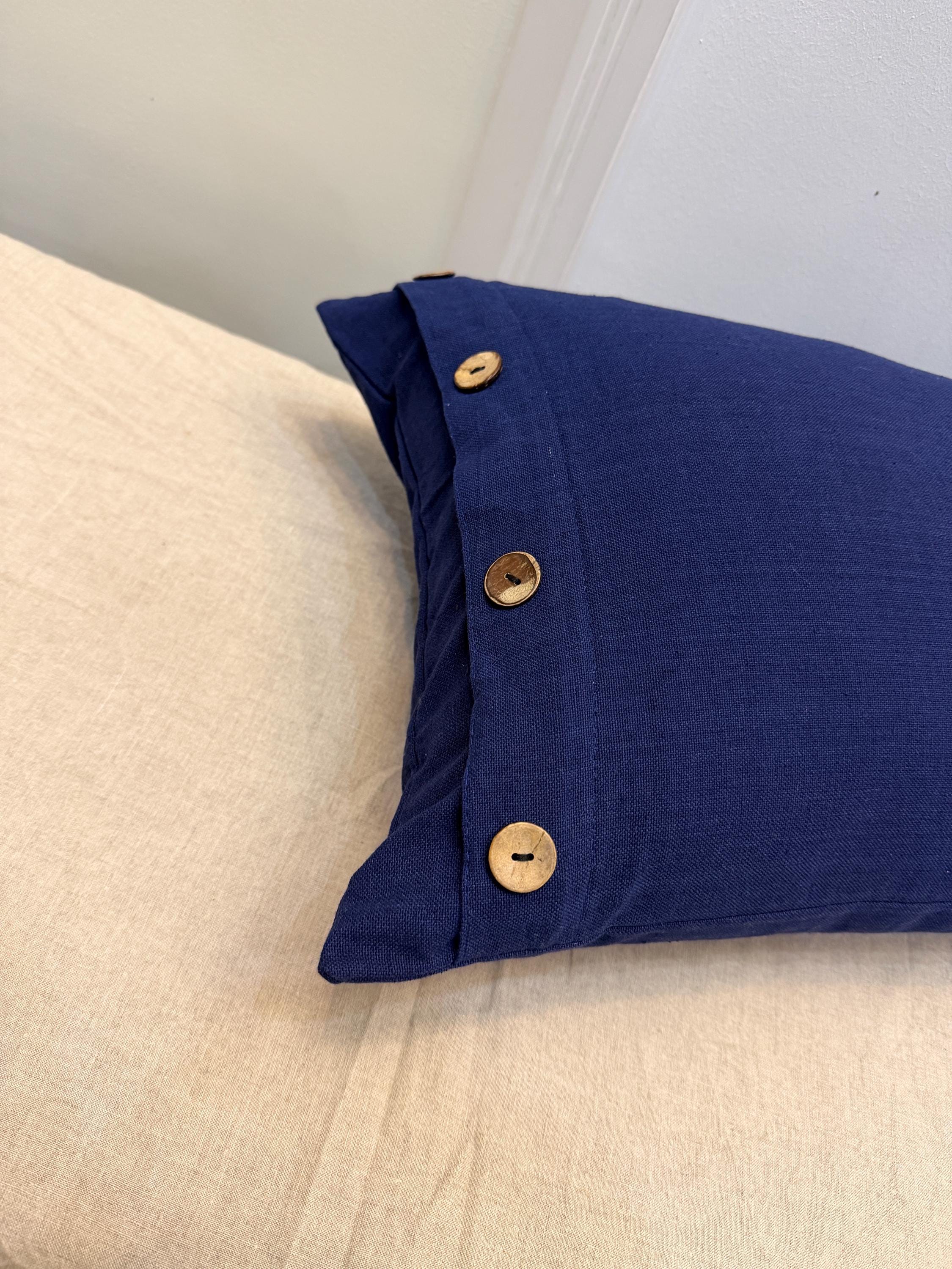 Navy Blue Linen Throw Pillow Cover with Wooden Buttons | Decorative Cushion