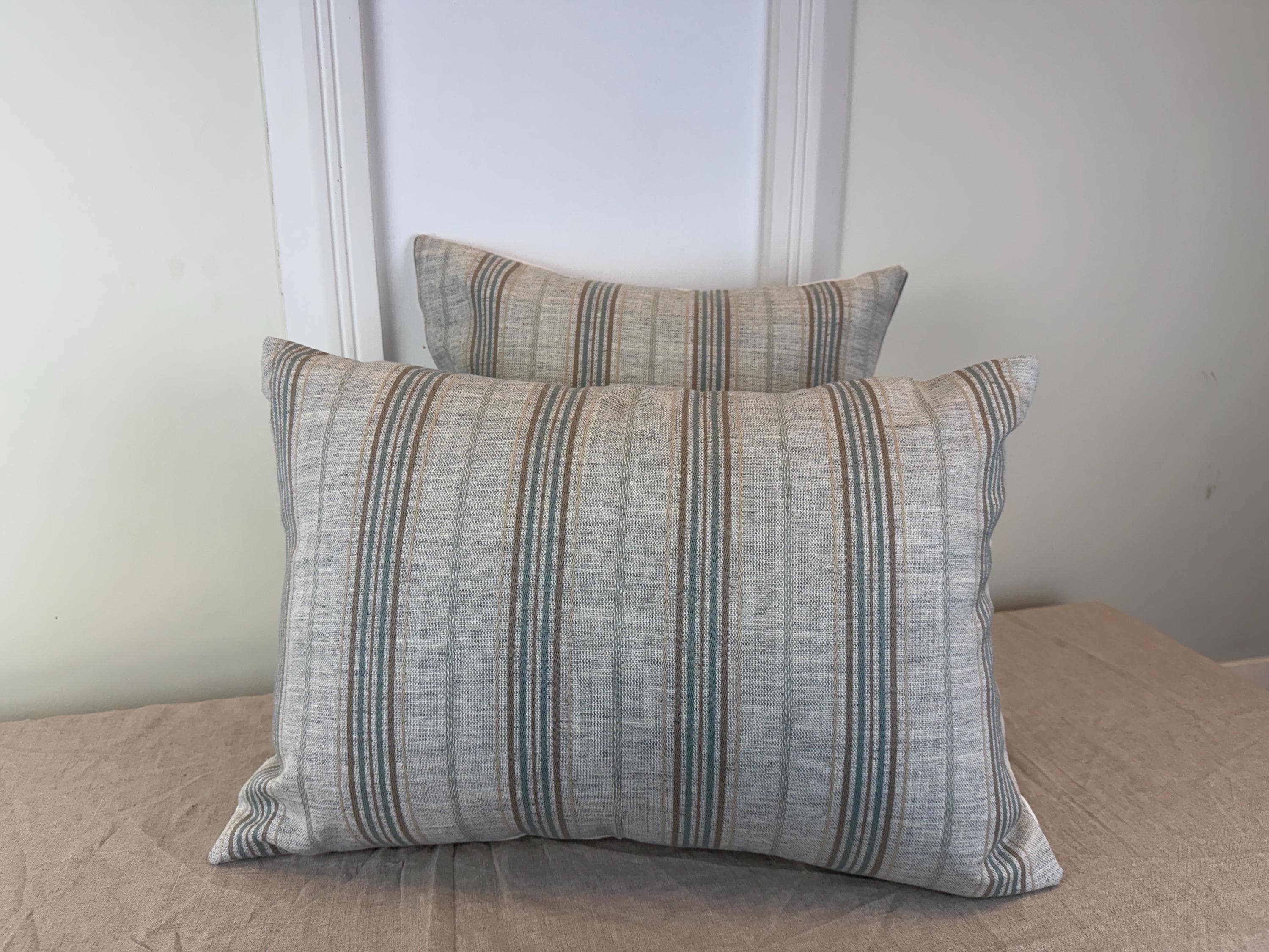 Beige and Soft Blue Striped Pillow Cover – Modern Farmhouse Cushion