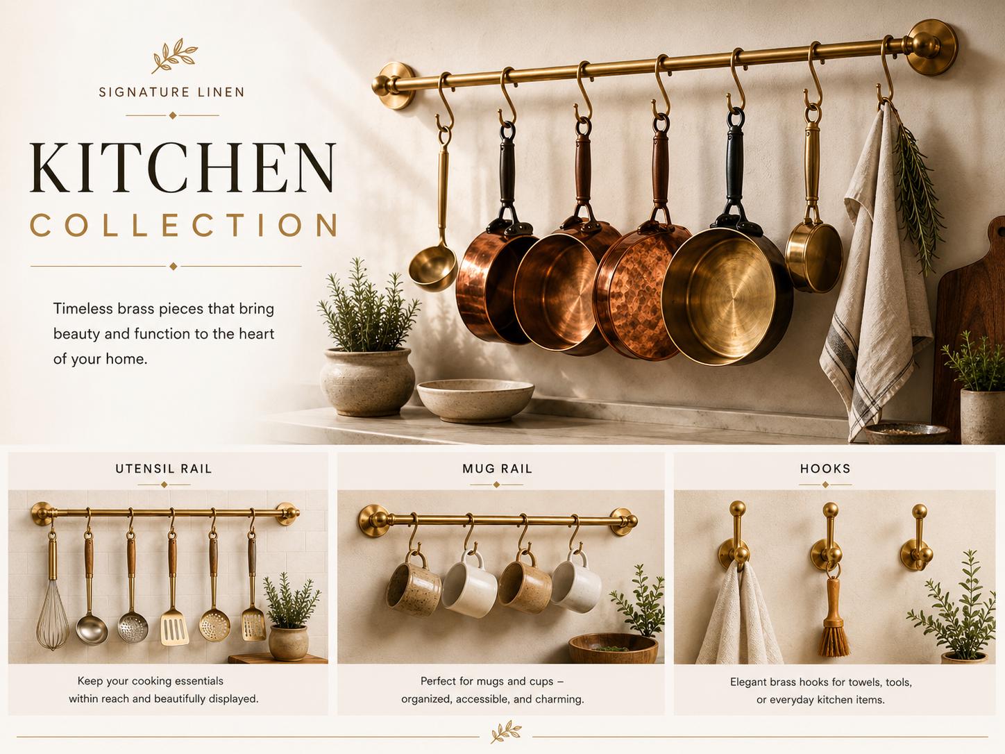 Handmade Unlacquered Brass Pot Rail with S Hooks | Wall Mounted Utensil Rail