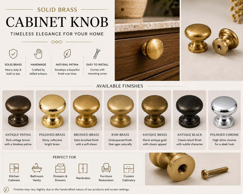 Solid Brass Mushroom Cabinet Knob | Handmade Unlacquered Drawer Pull