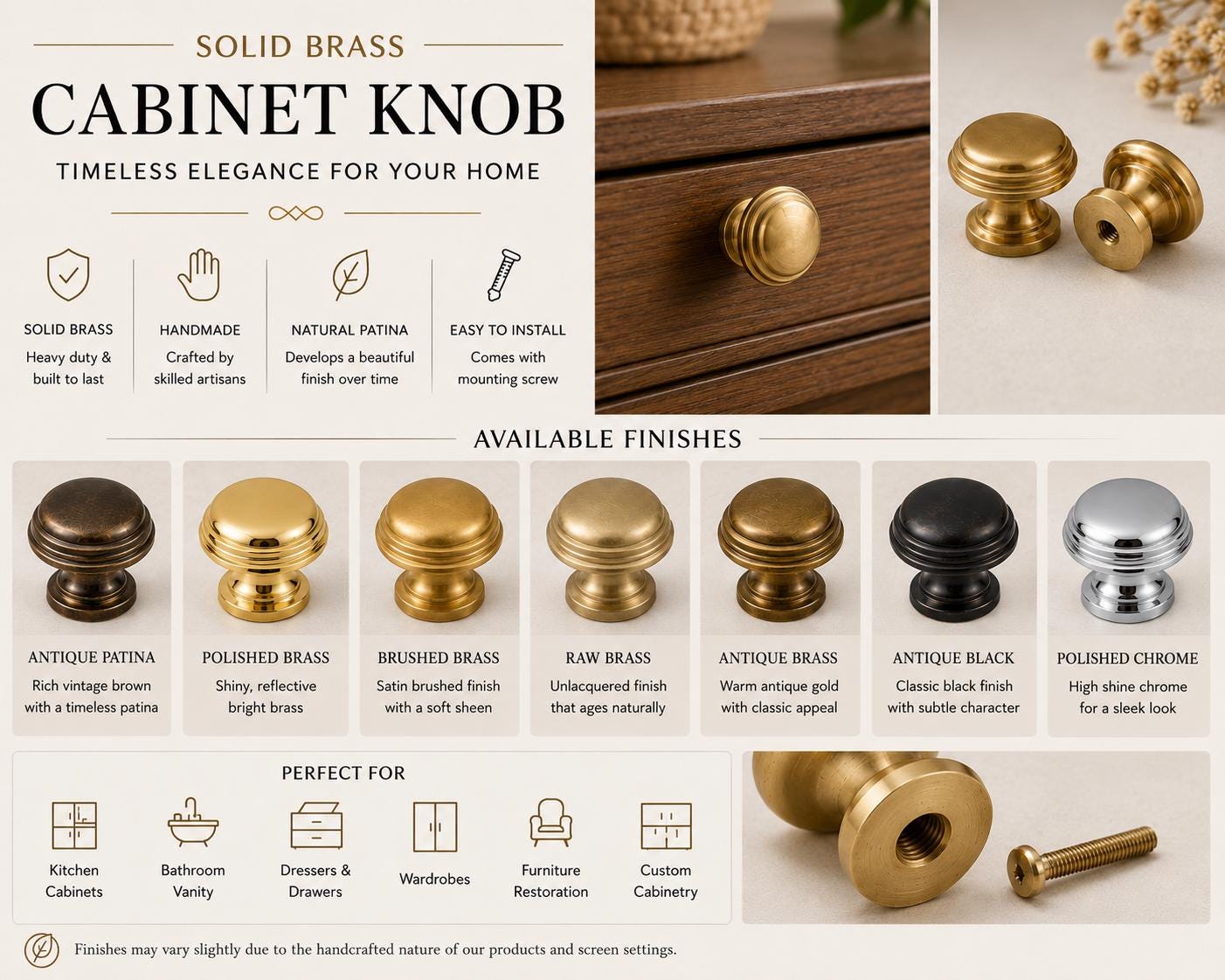 Solid Brass Mushroom Cabinet Knob | Handmade Drawer Pull | Vintage Hardware