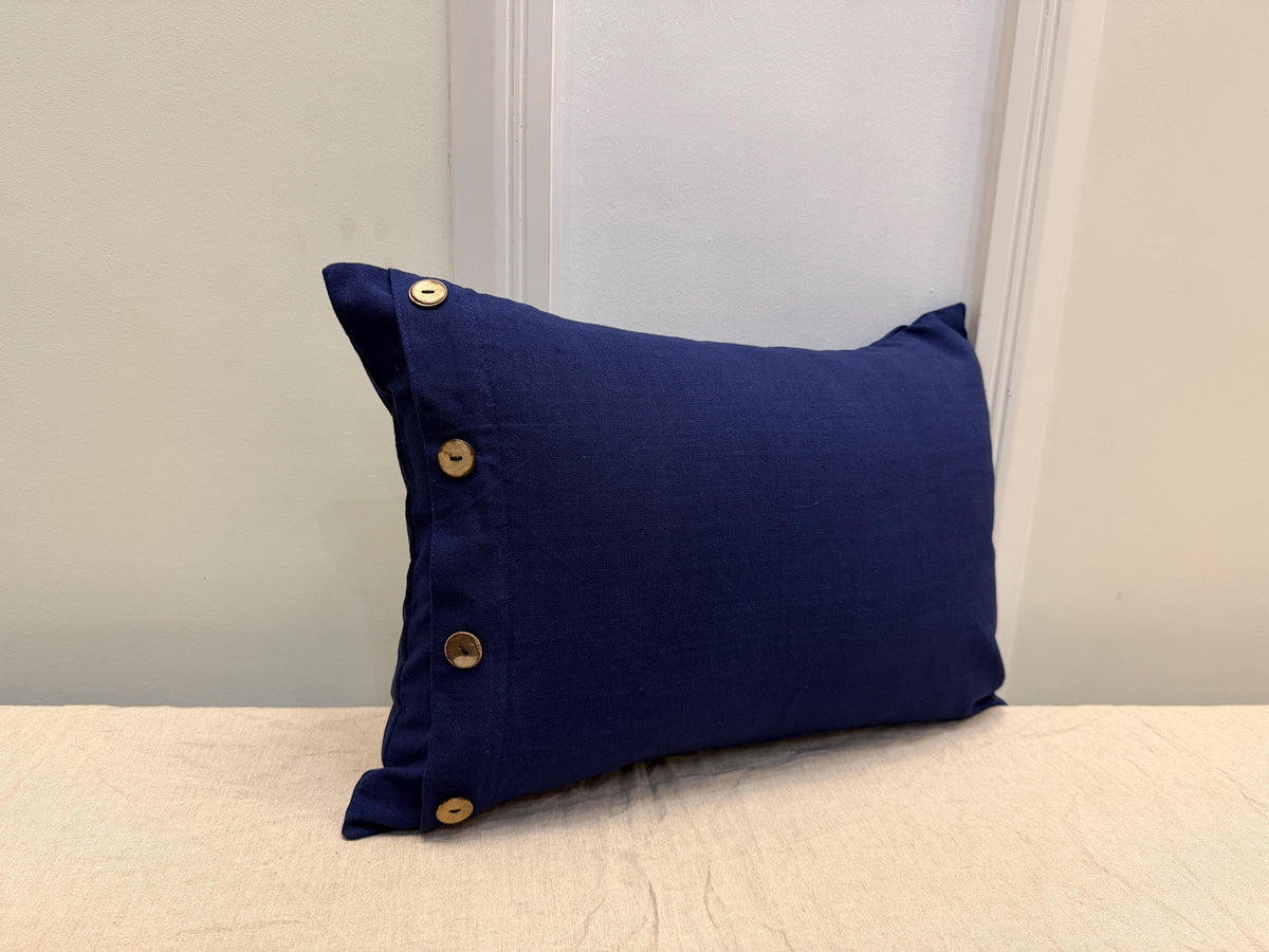 Navy blue linen pillow cover with wooden buttons - view 10