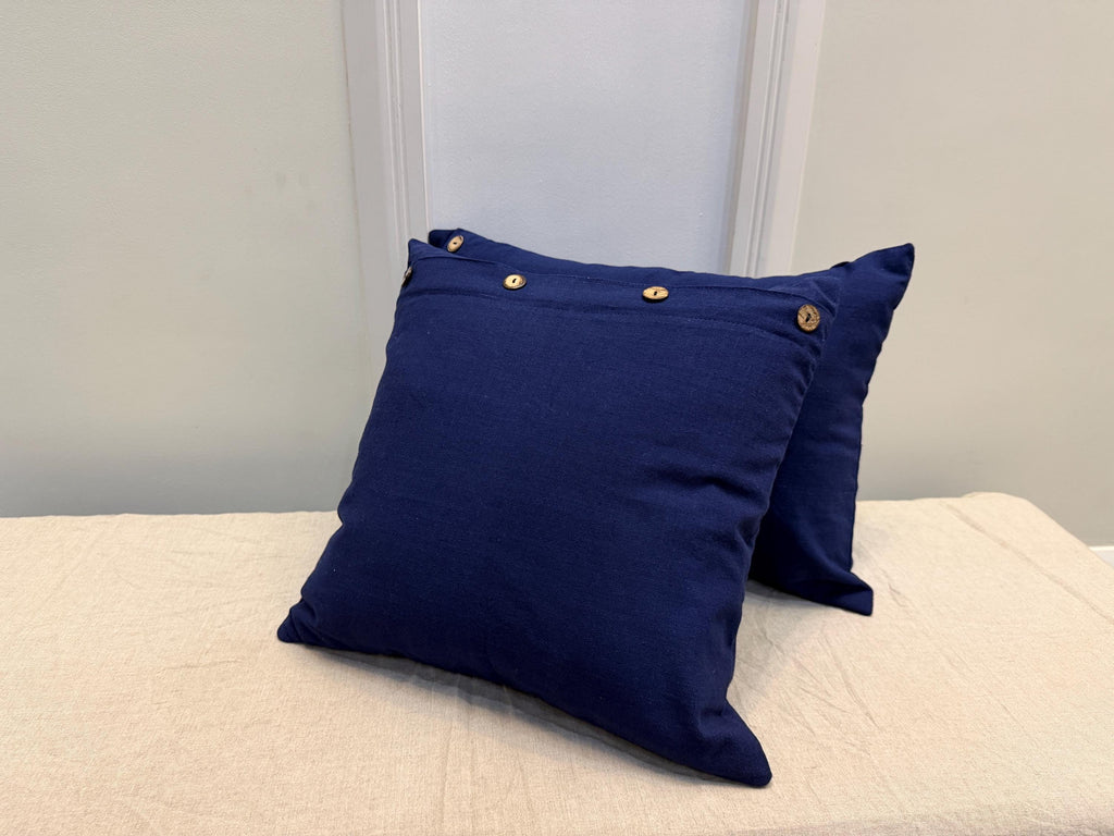 Navy blue linen pillow cover with wooden buttons - view 2