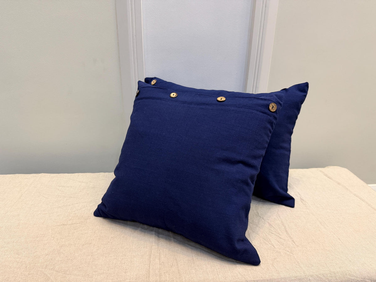 Navy blue linen pillow cover with wooden buttons - view 2