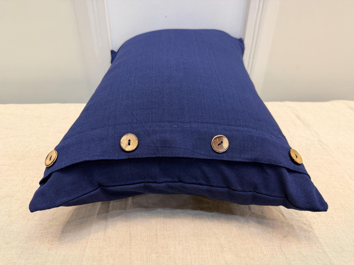 Navy blue linen pillow cover with wooden buttons - view 4
