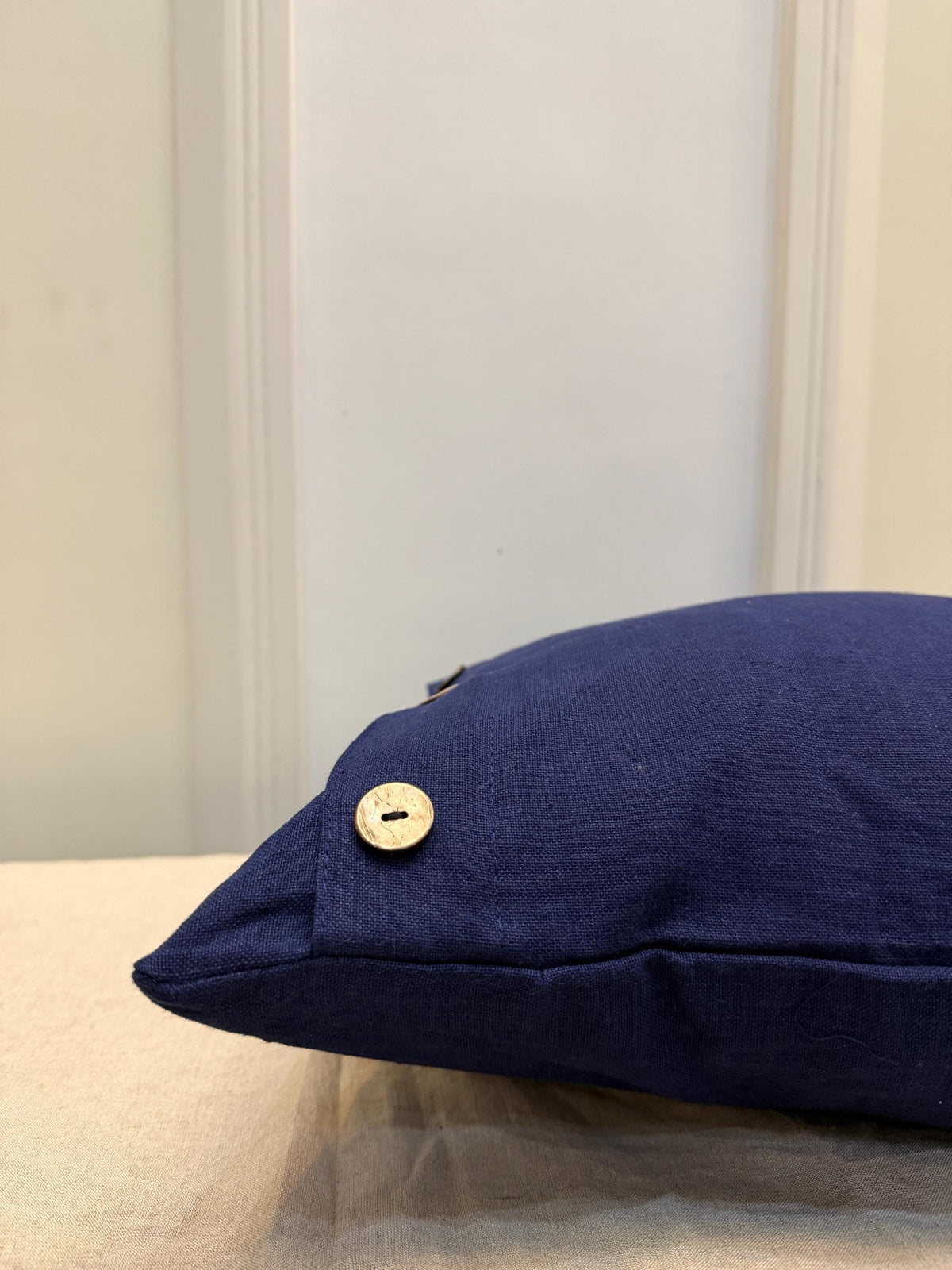 Navy blue linen pillow cover with wooden buttons - view 5