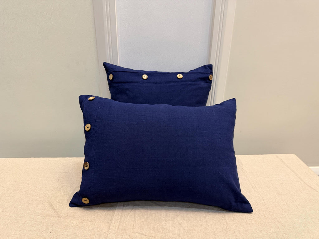 Navy blue linen pillow cover with wooden buttons - view 7