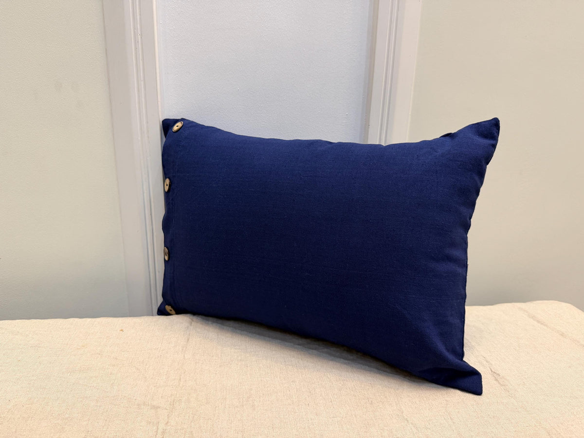 Navy blue linen pillow cover with wooden buttons - view 8