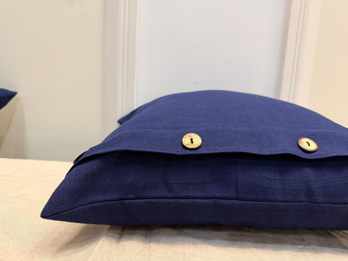 Navy blue linen pillow cover with wooden buttons - view 9