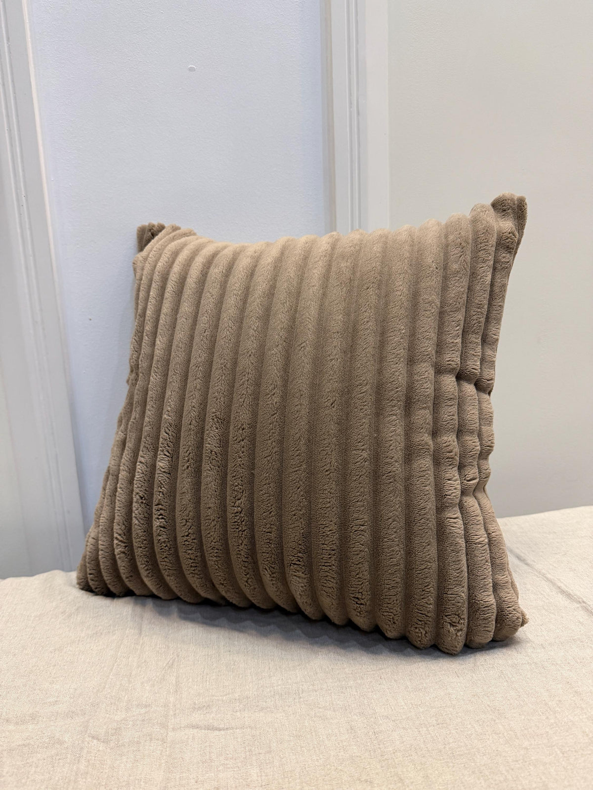 Ribbed velvet pillow cover in neutral taupe