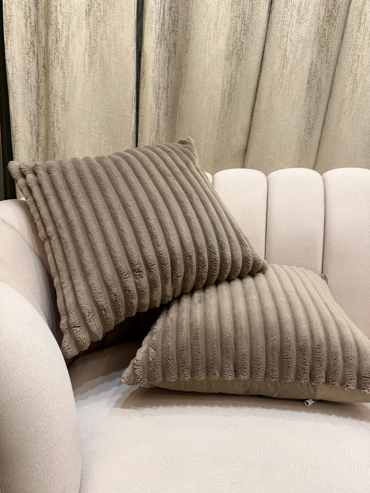Ribbed velvet pillow cover in neutral taupe - view 10