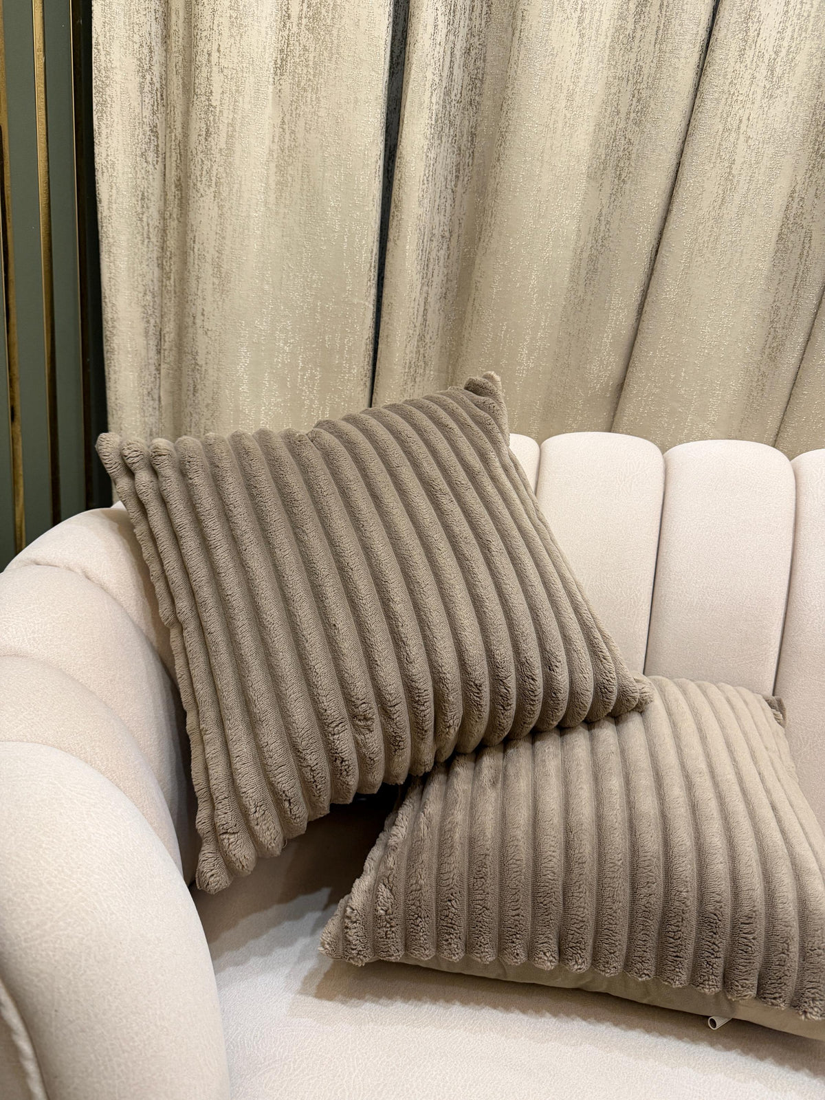 Ribbed velvet pillow cover in neutral taupe - view 2