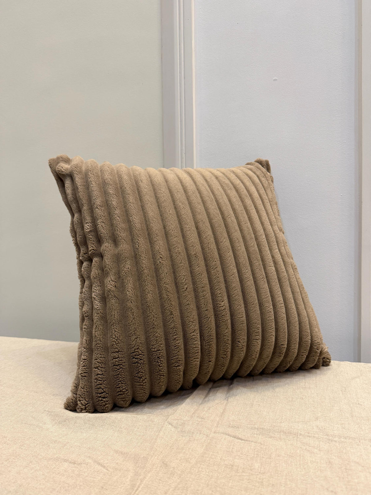 Ribbed velvet pillow cover in neutral taupe - view 3