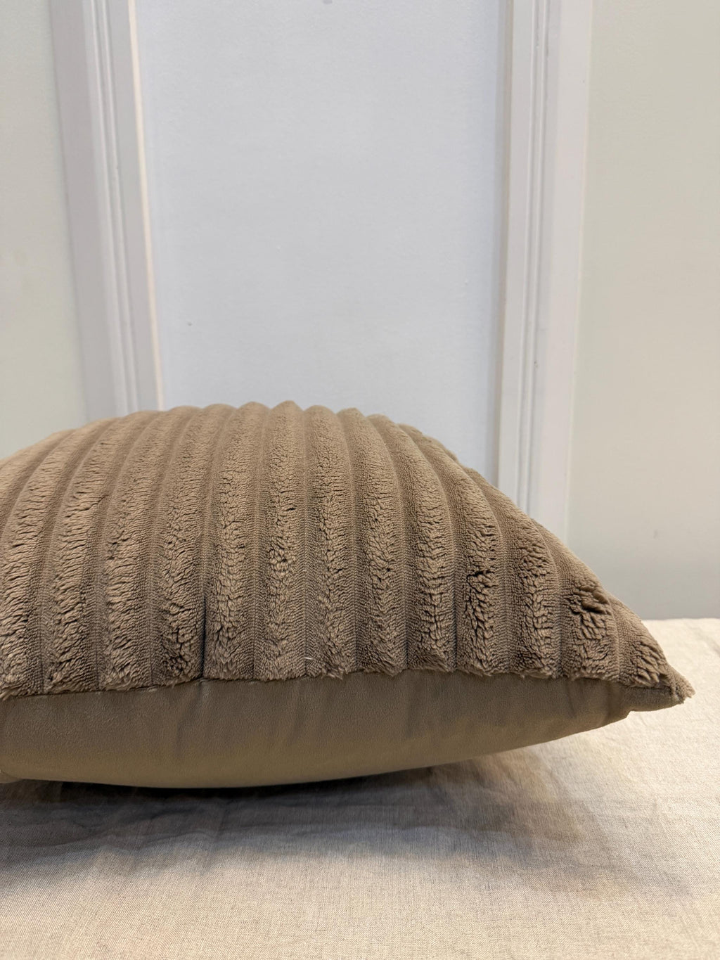 Ribbed velvet pillow cover in neutral taupe - view 5