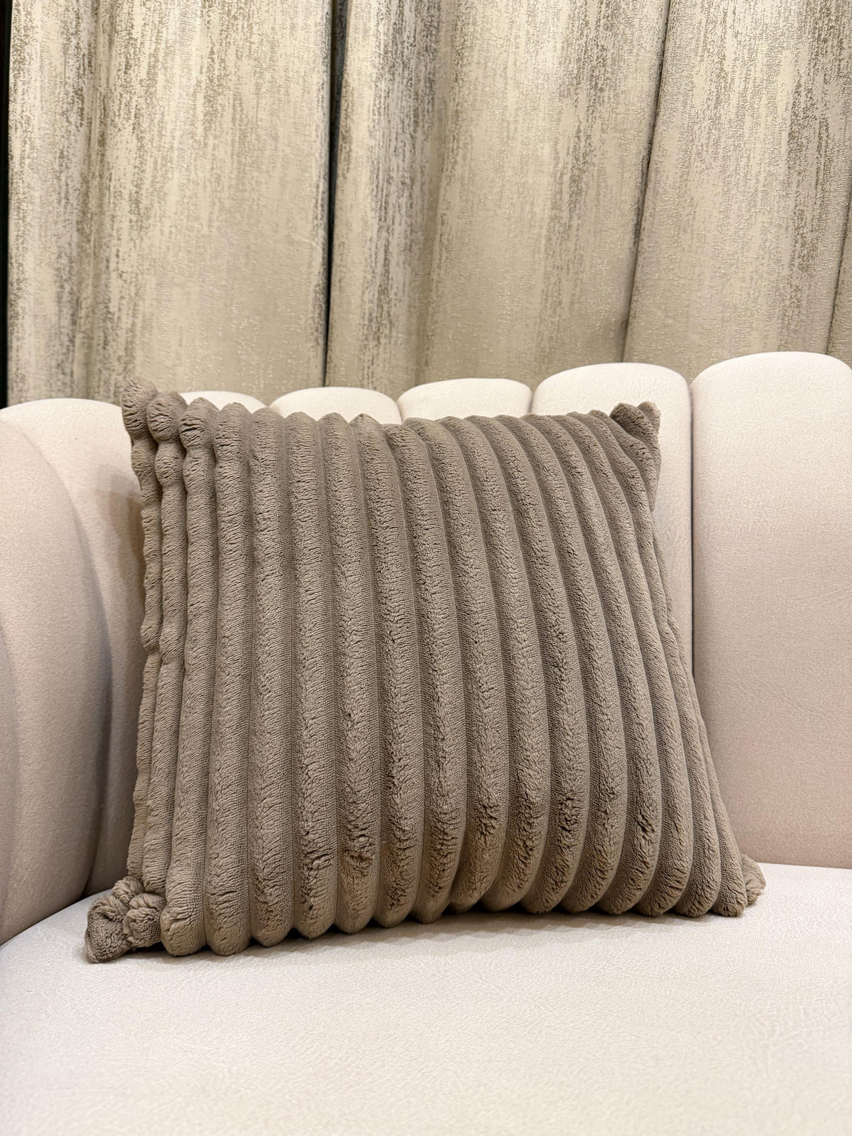 Ribbed velvet pillow cover in neutral taupe - view 7