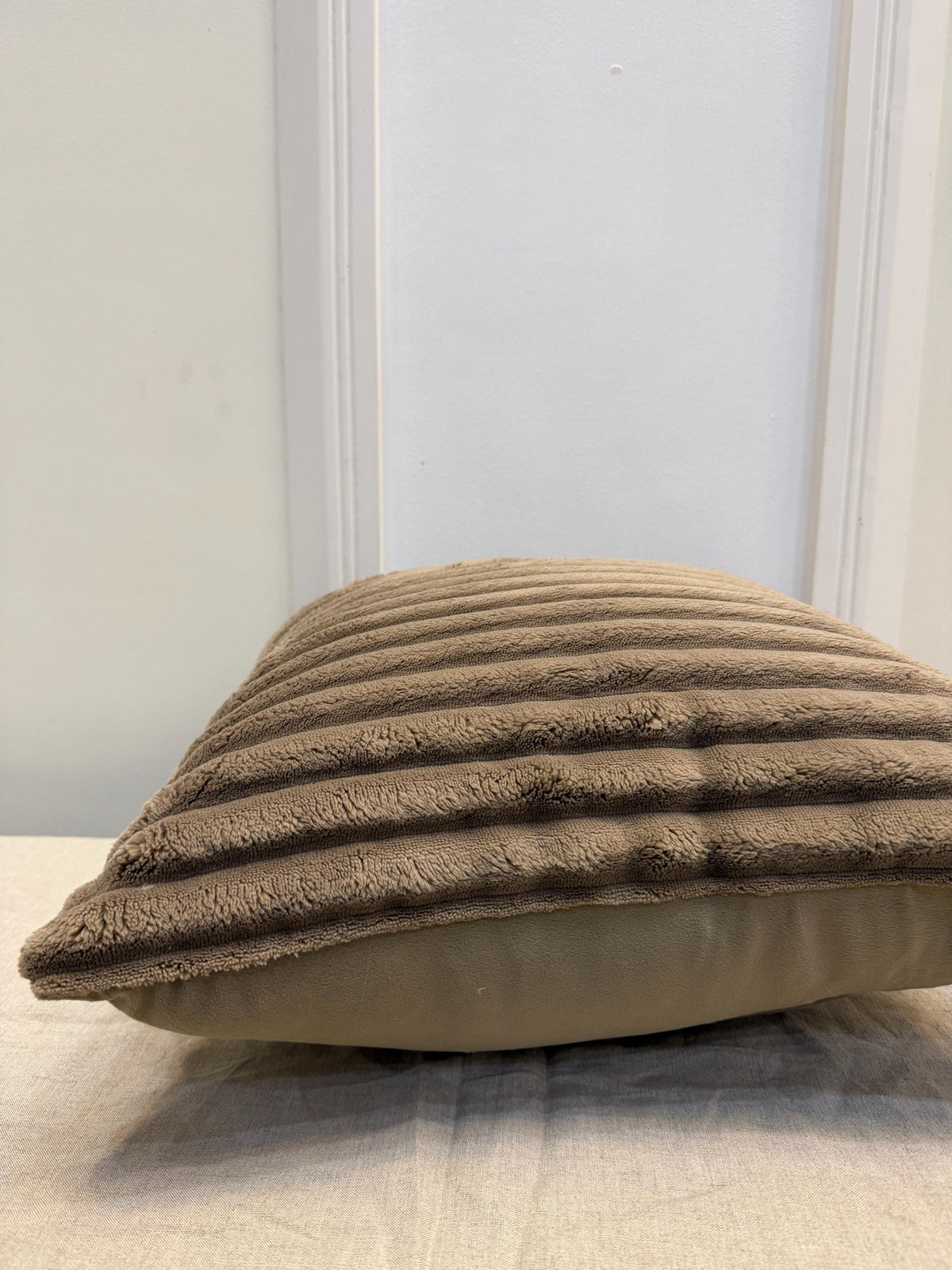 Ribbed velvet pillow cover in neutral taupe - view 8
