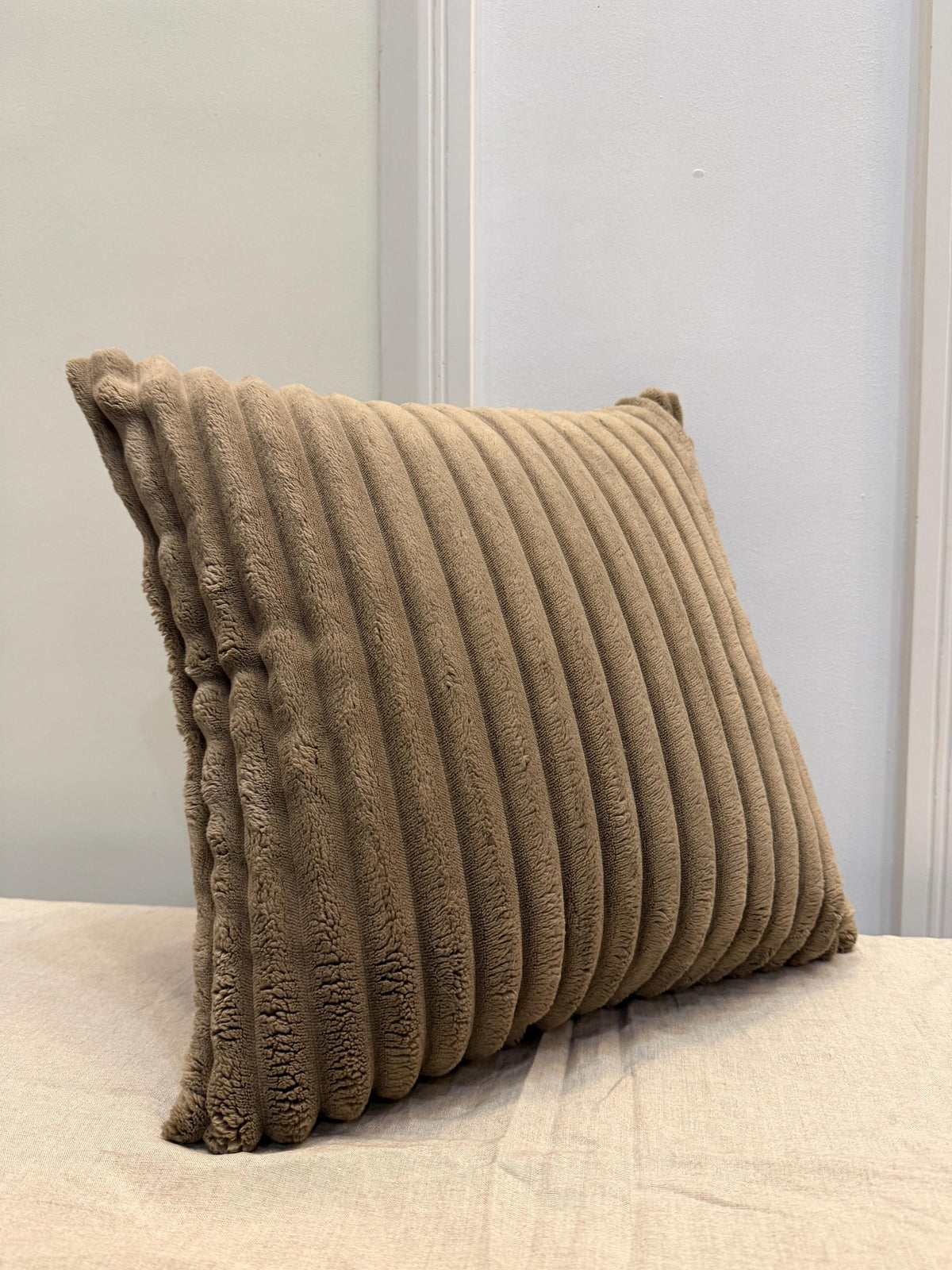 Ribbed velvet pillow cover in neutral taupe - view 9