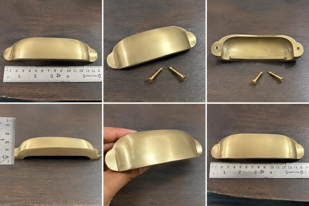 Solid brass cup pull, vintage cabinet drawer handle - view 3