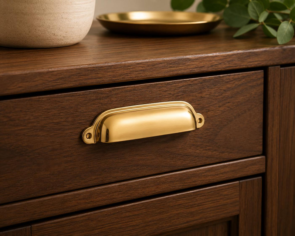 Solid brass cup pull, vintage cabinet drawer handle - view 4