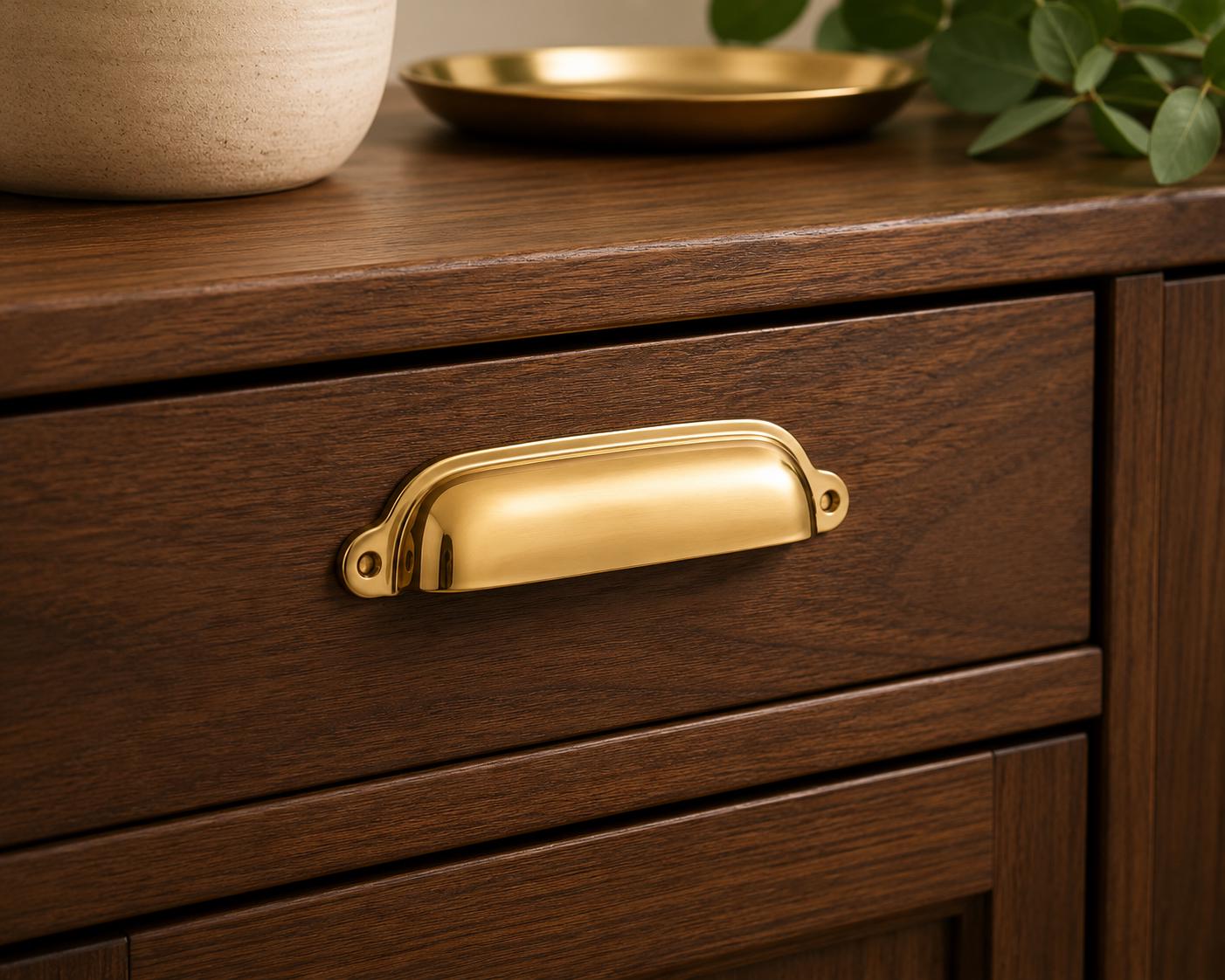 Solid brass cup pull, vintage cabinet drawer handle - view 4