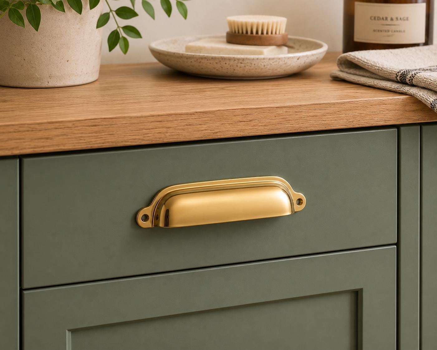 Solid brass cup pull, vintage cabinet drawer handle - view 5